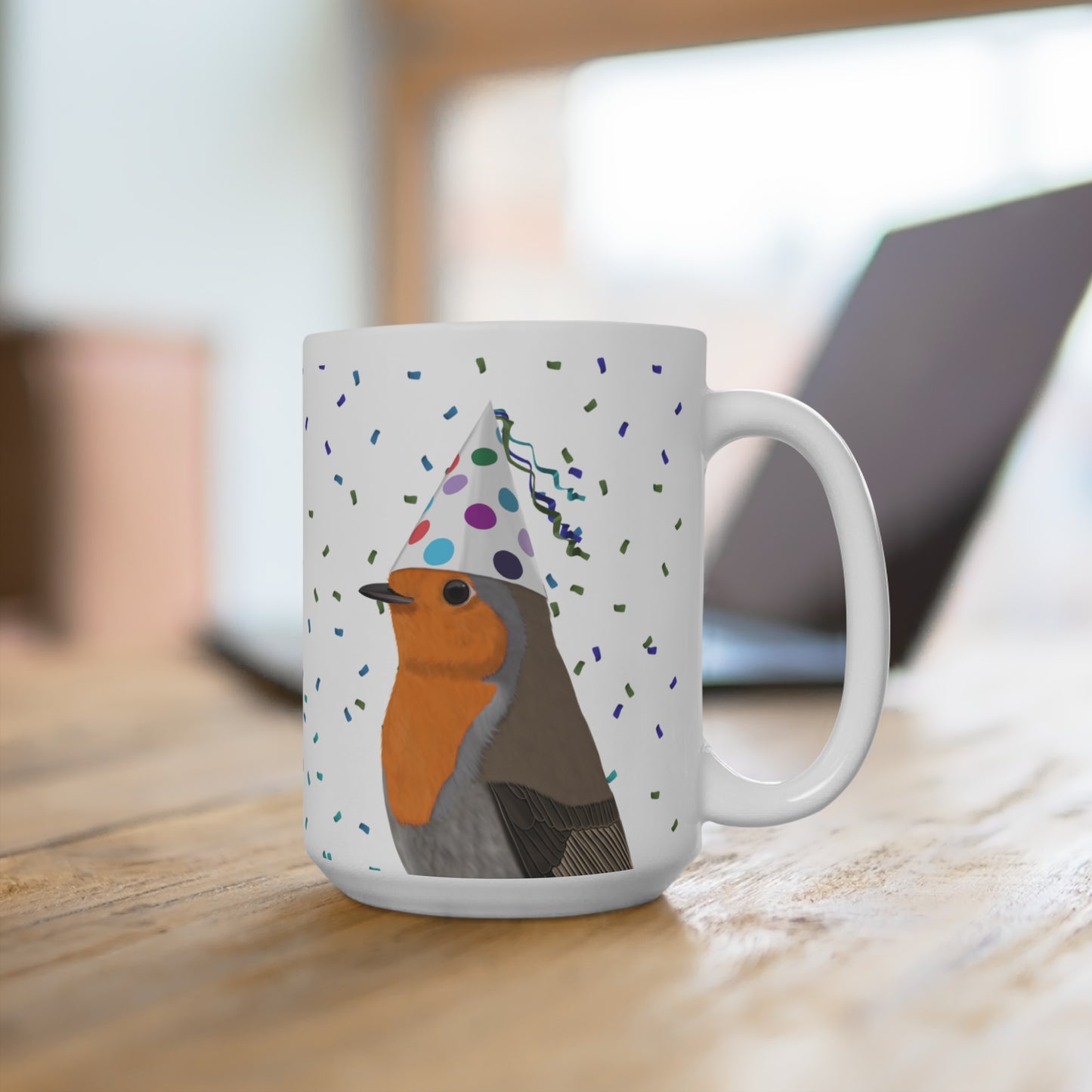 Rotkehlchen feiert Geburtstag mit Partyhut und Konfetti Vogel Tasse