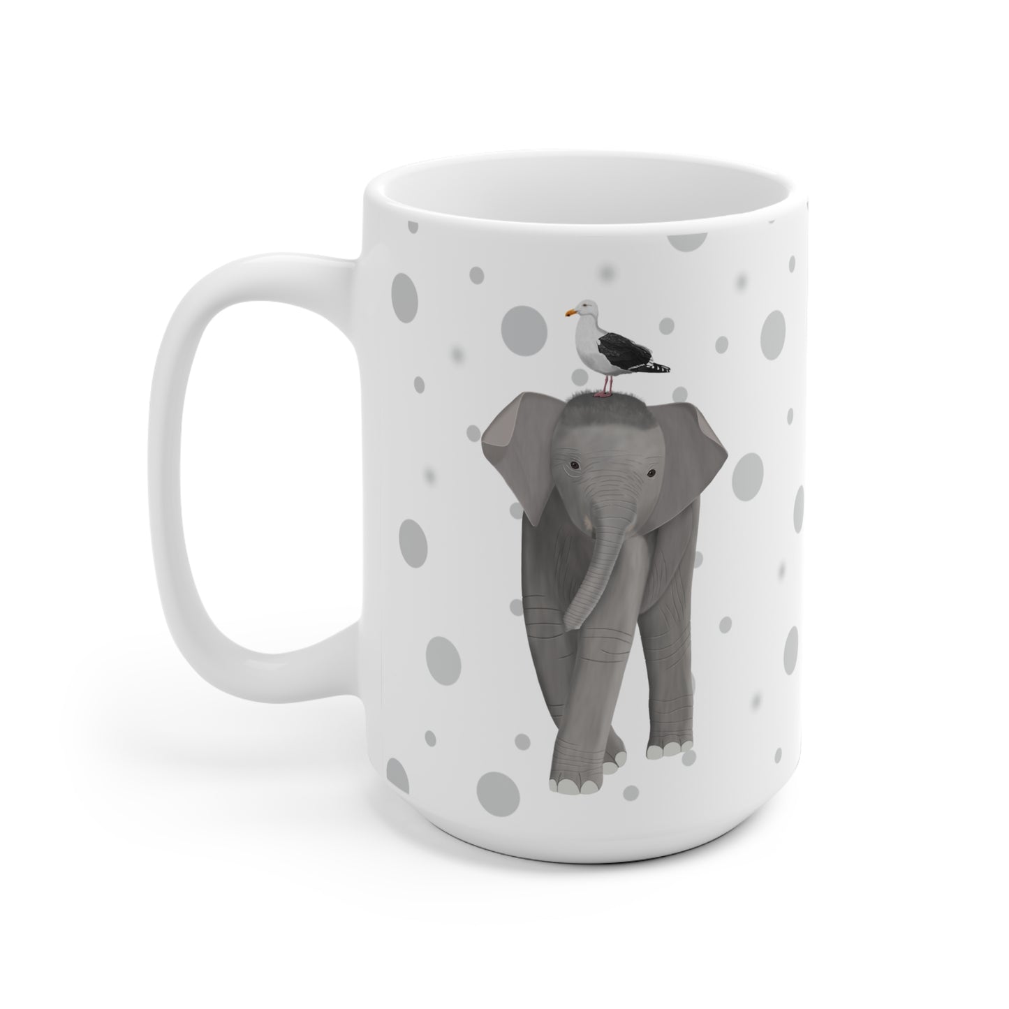Möwe auf einem Elefanten Vogel Tasse Punkte Grau