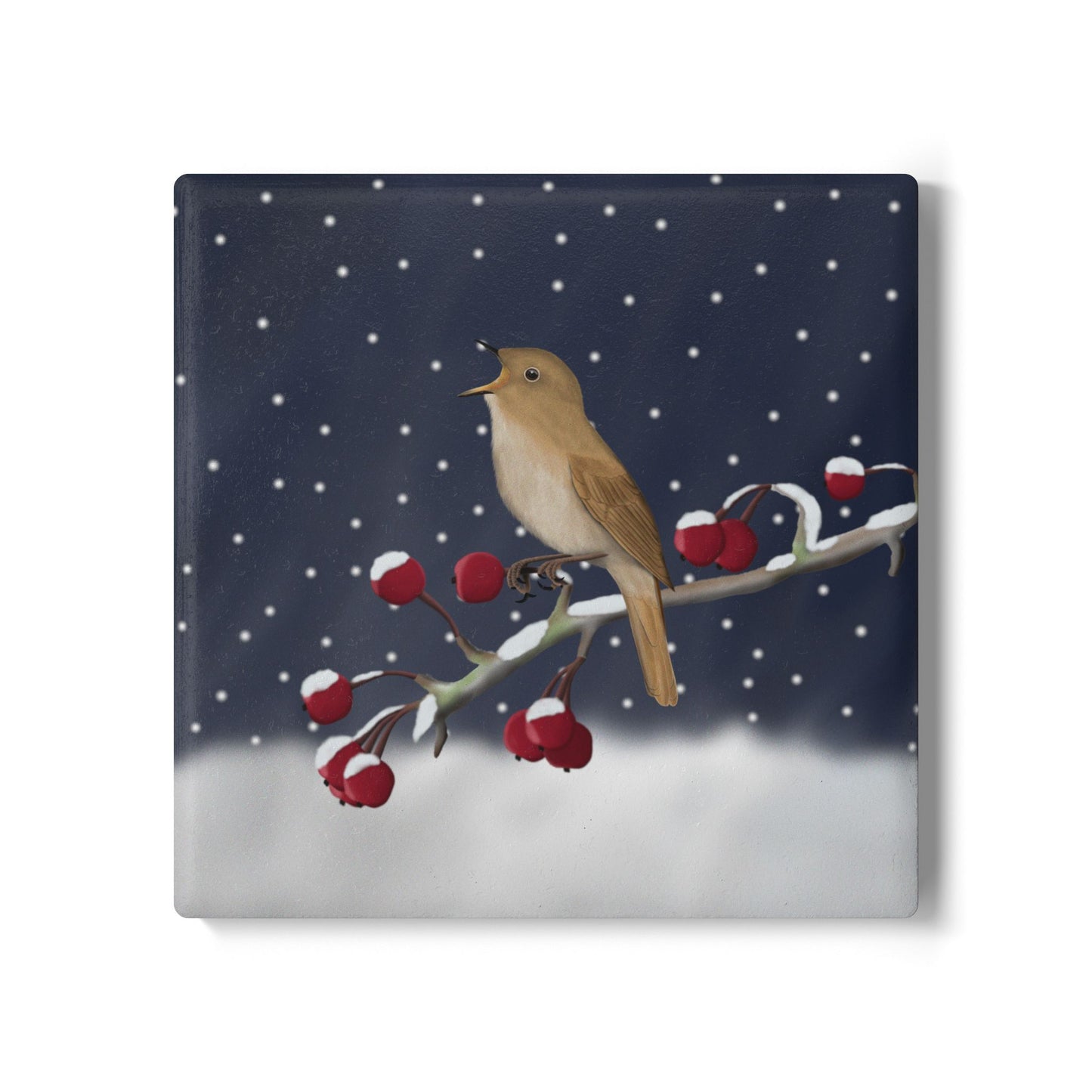 Nachtigall im Schnee Keramik-Untersetzer: Weihnachtliches Vogel-Motiv