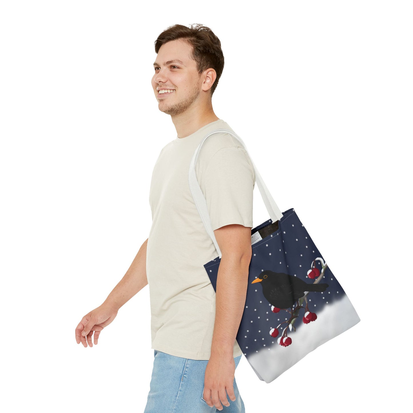 Amsel auf einem Ast im Schnee Vogel Tragetasche – Accessories,