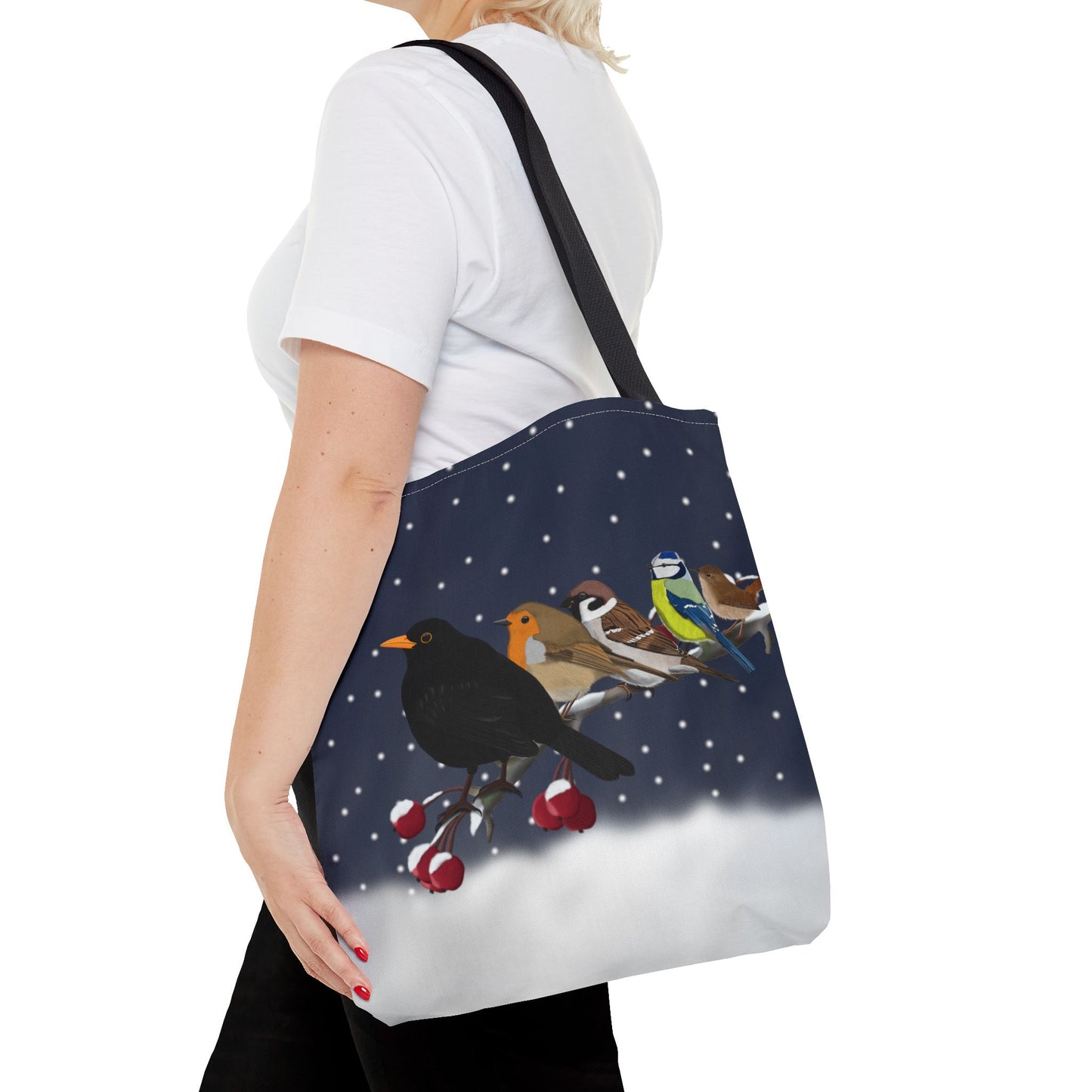 Rotkehlchen, Blaumeise, Zaunkönig, Amsel und Spatz Tragetasche in Black