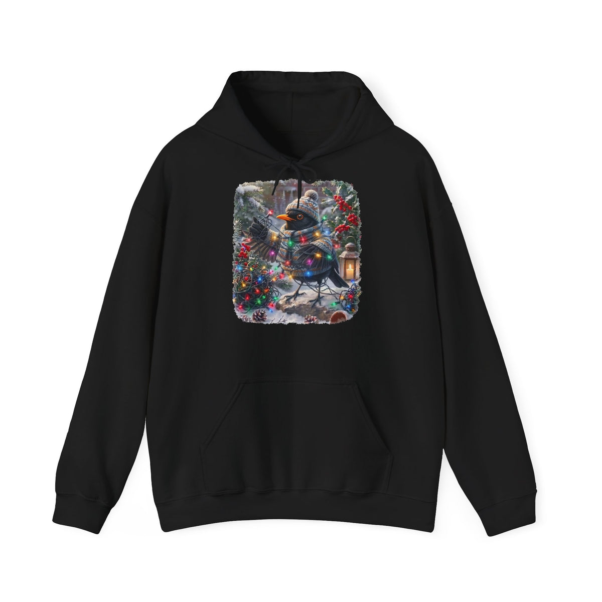 Premium Hoodie Amsel und die Lichterkette im winterlichen Garten für Vogelbeobachter
