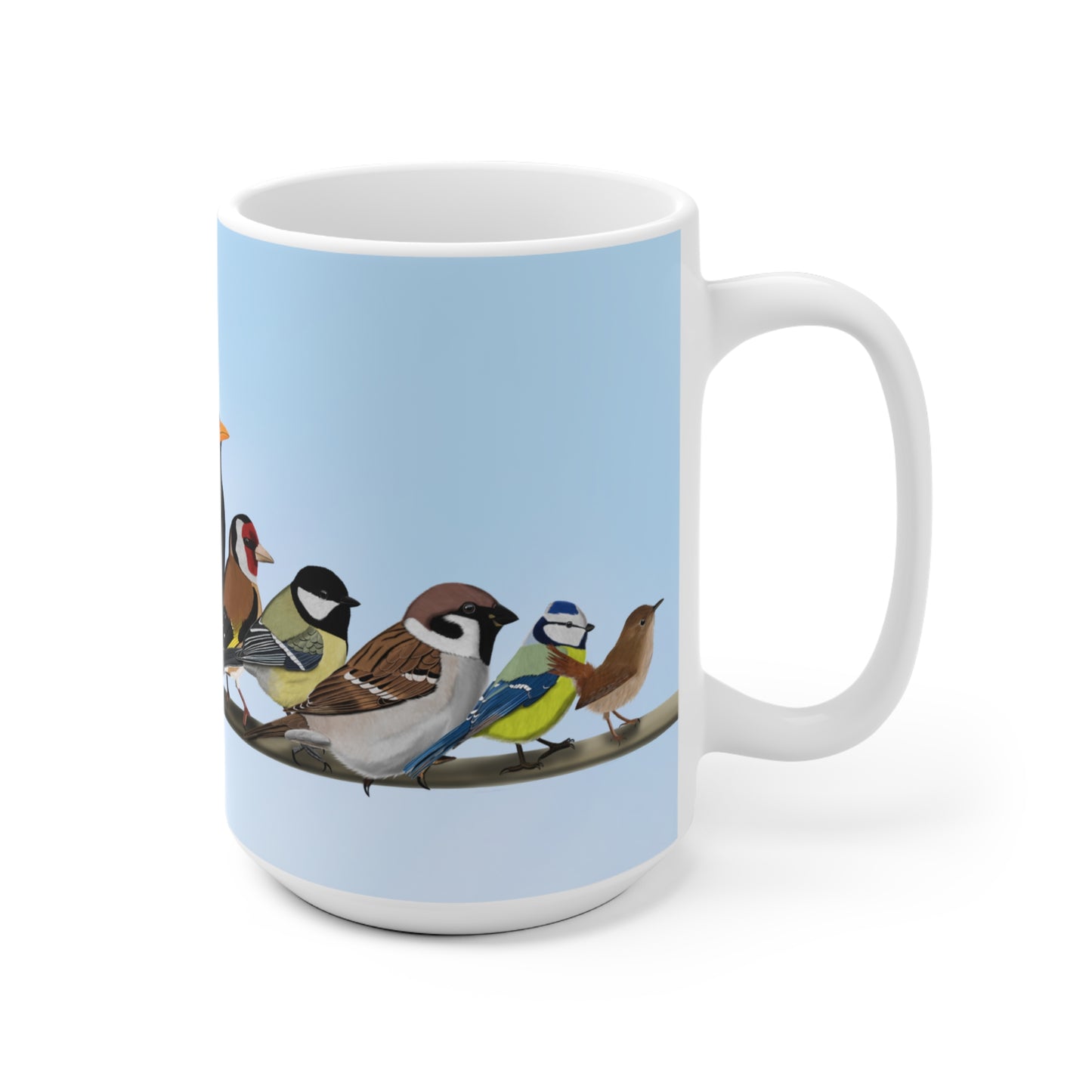 Rotkehlchen, Blaumeise, Zaunkönig und Amsel Tasse mit 11 oz Hintergrund