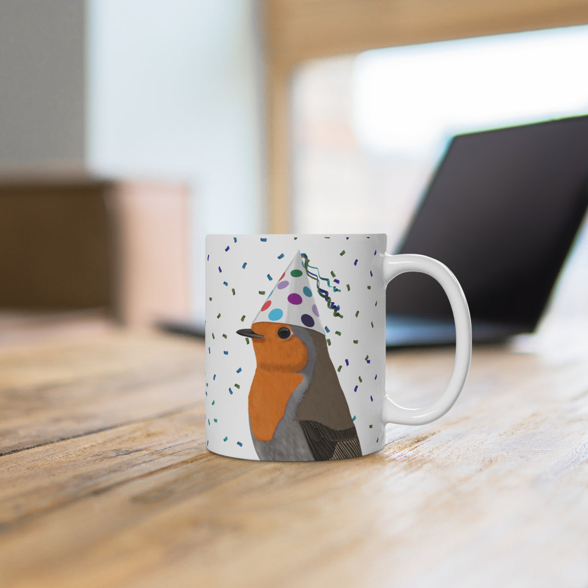 Rotkehlchen feiert Geburtstag mit Partyhut und Konfetti Vogel Tasse – 11 oz,