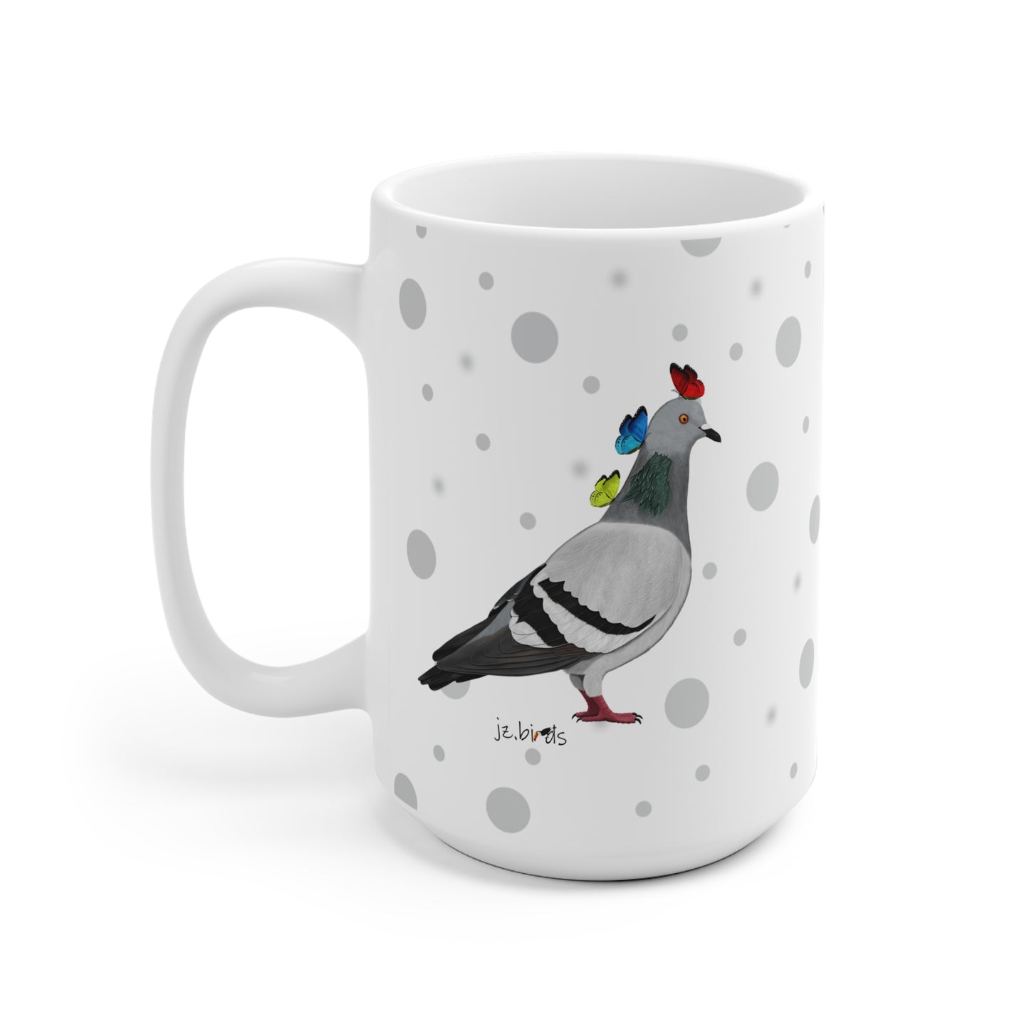 Taube mit Schmetterlingen Vogel Tasse Punkte Grau