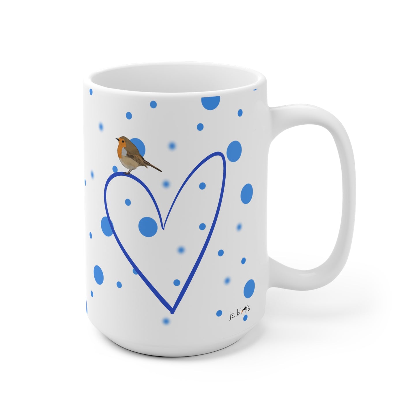 Rotkehlchen mit Herz Valentinstag Vogel Tasse Punkte Blau