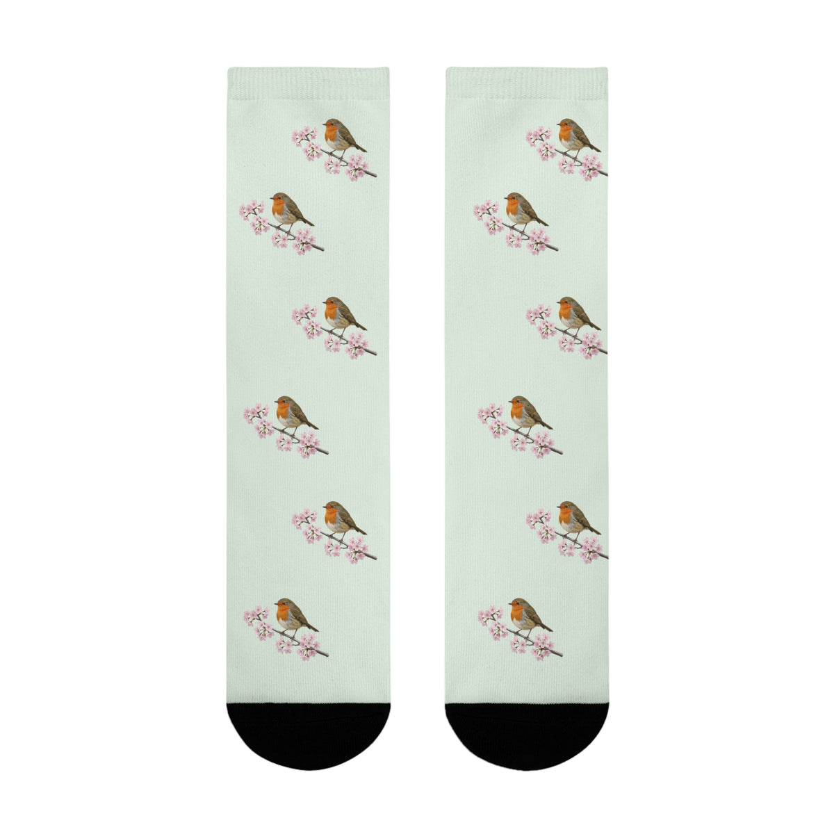 Rotkehlchen & Kirschblüten Socken in Salbeigrün | Weiche Baumwollmix-Socken für Naturfreunde