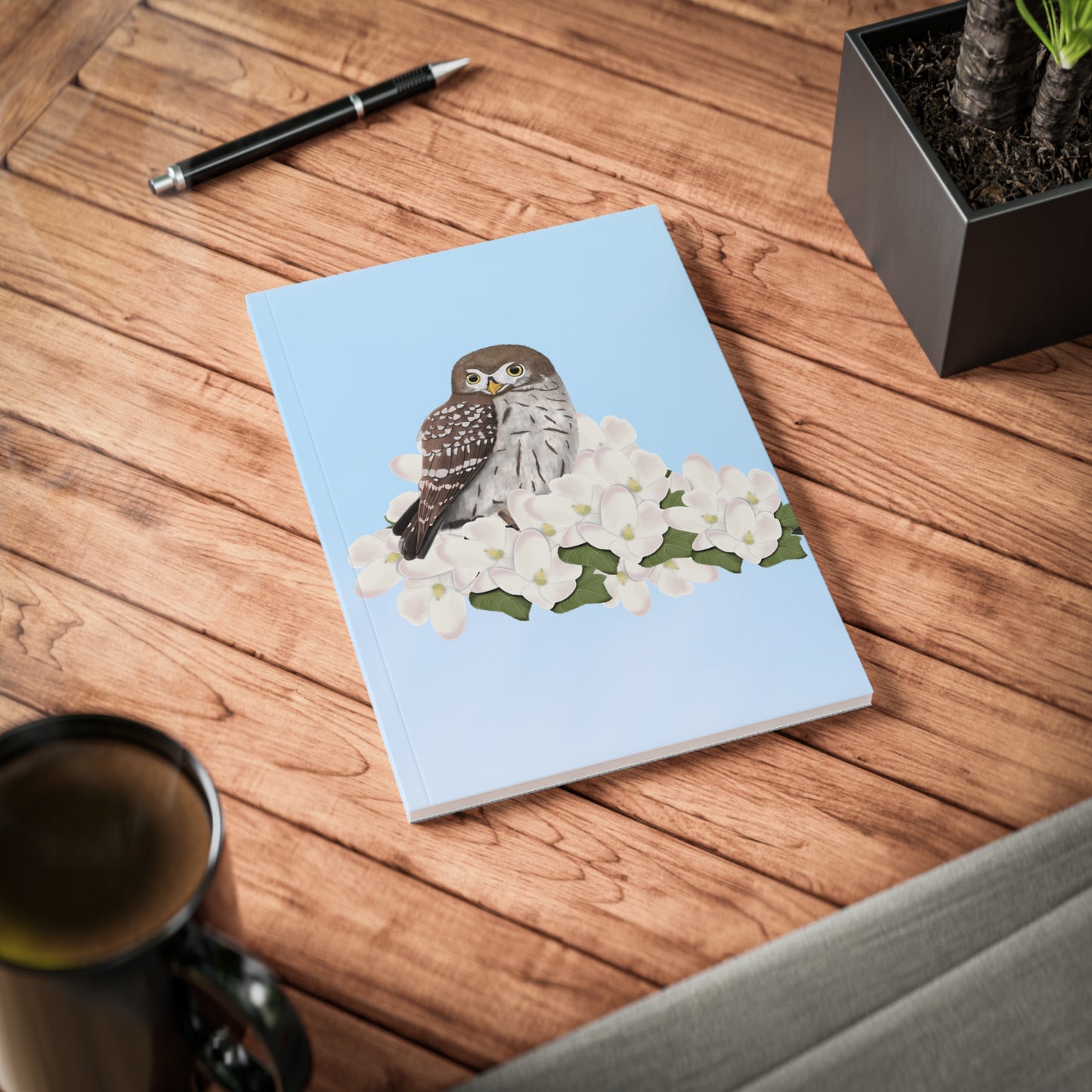 Eule im Frühling A5 Vogel Softcover Notizbuch 150 Seiten Liniert