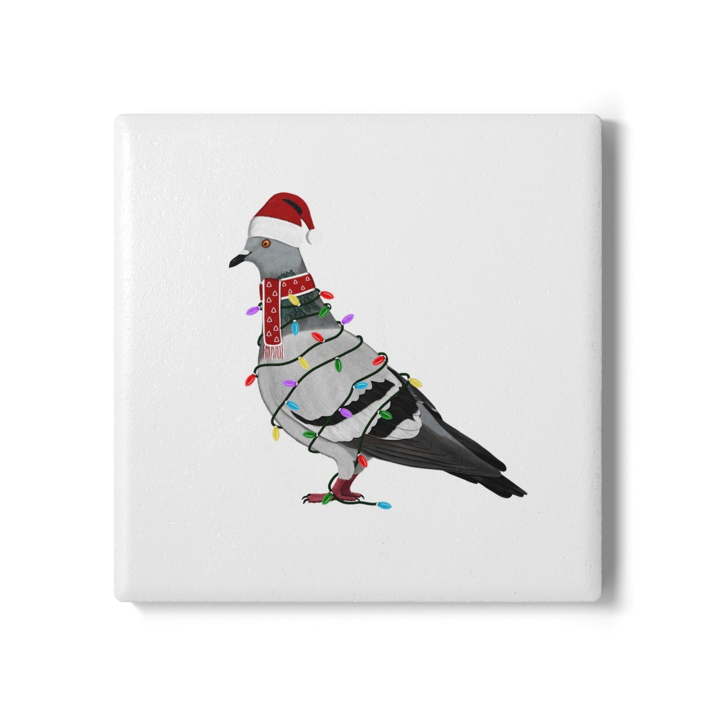 Keramik-Untersetzer Taube als Weihnachtsmann mit Lichterkette Weihnachtliches Vogel-Motiv