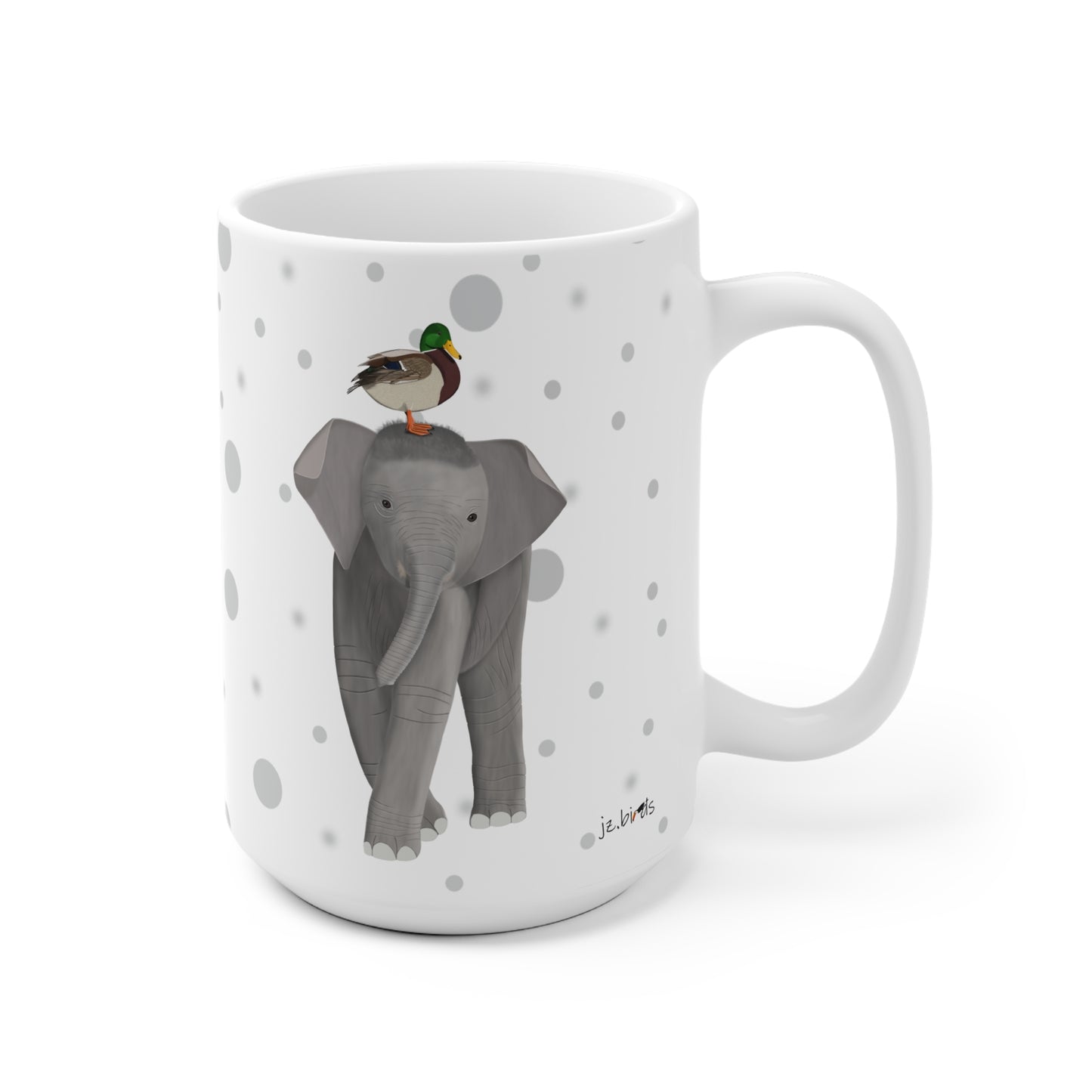 Ente auf einem Elefanten Vogel Tasse Punkte Grau