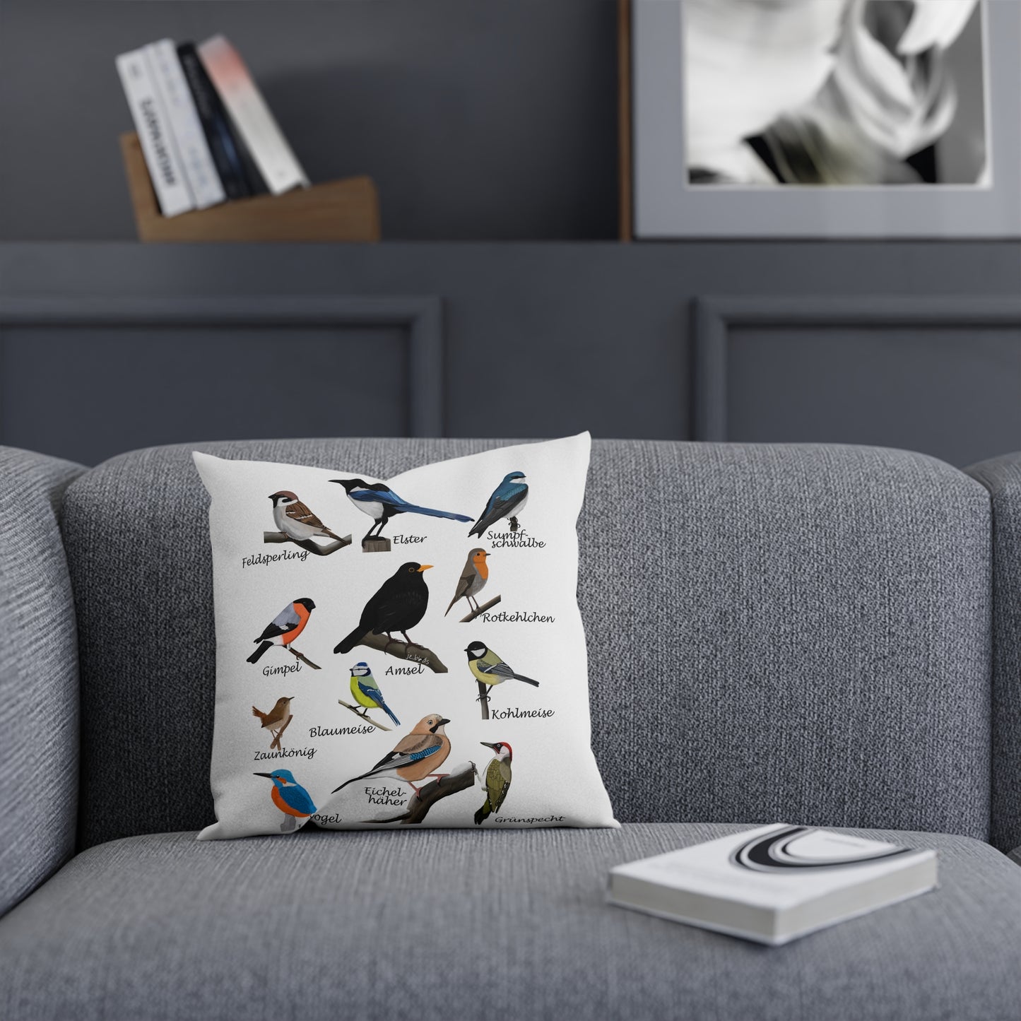 Gartenvögel Vogel Kissen – Dekokissen mit Amsel Rotkehlchen Blaumeise Zaunkönig Vogelmotiv für Vogelliebhaber und Vogelbeobachter