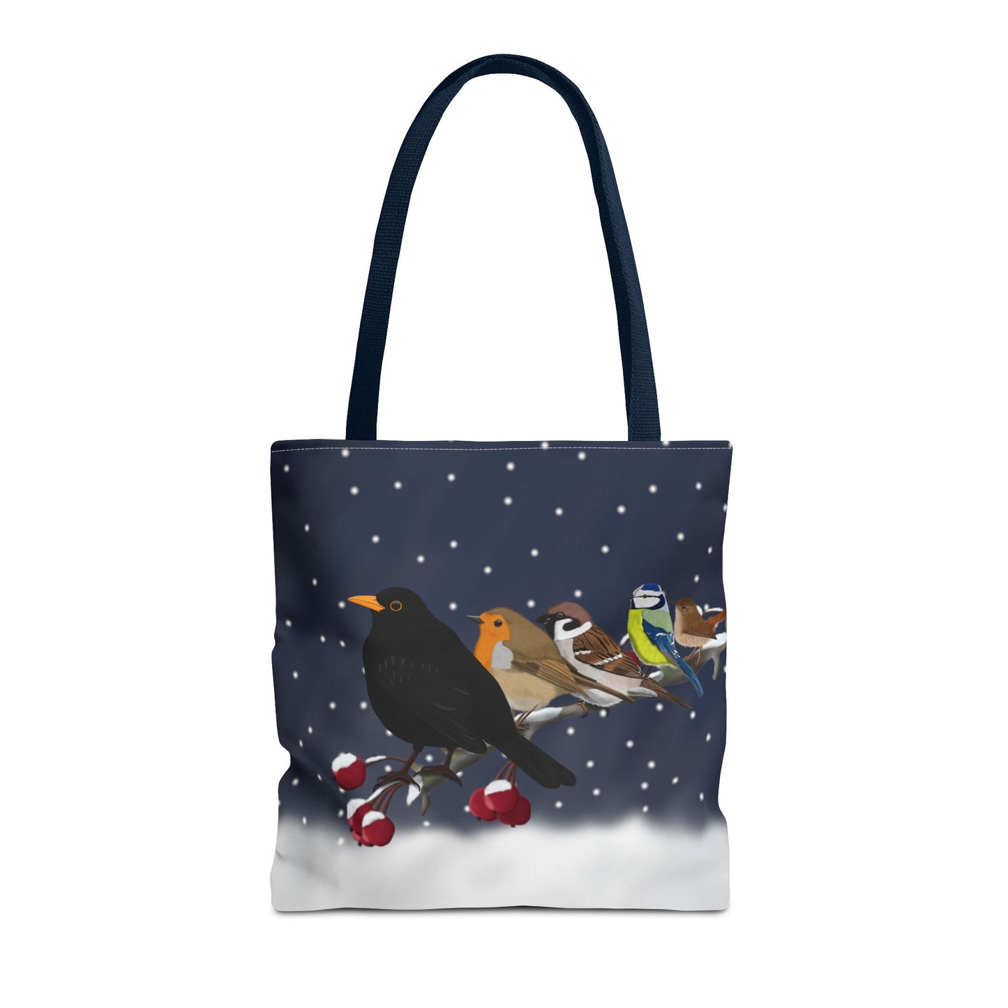 Amsel Rotkehlchen Spatz Blaumeise Zaunkönig auf einem Ast im Schnee Vogel Tragetasche – Accessories,