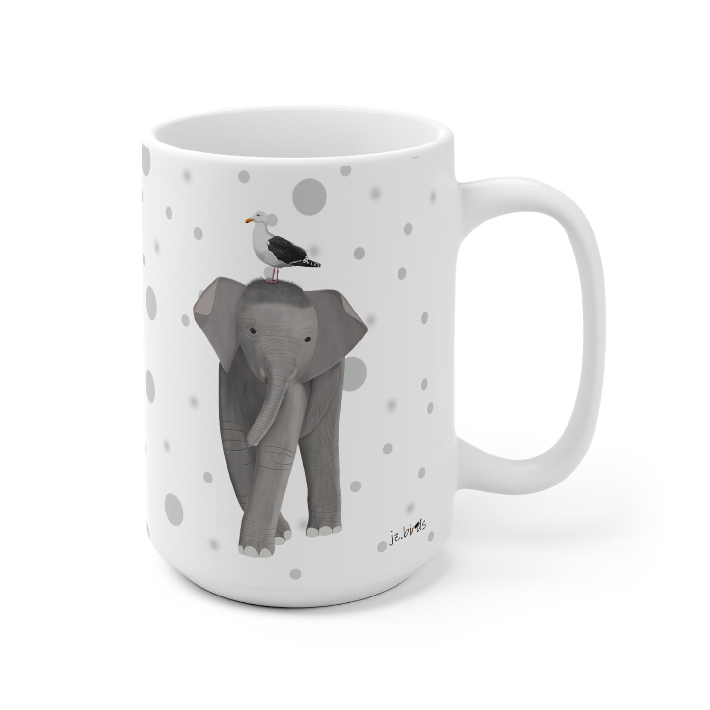 Möwe auf einem Elefanten Vogel Tasse Punkte Grau