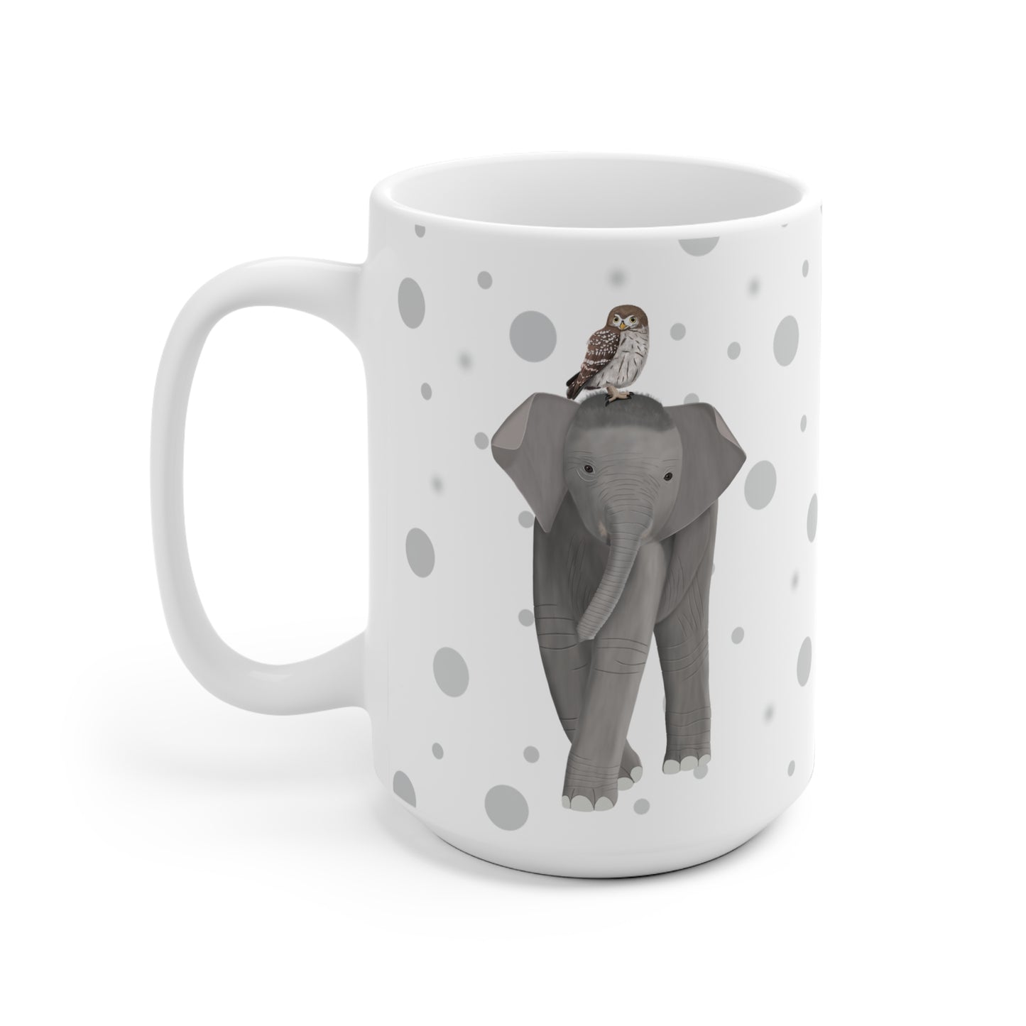Eule auf einem Elefanten Vogel Tasse Punkte Grau