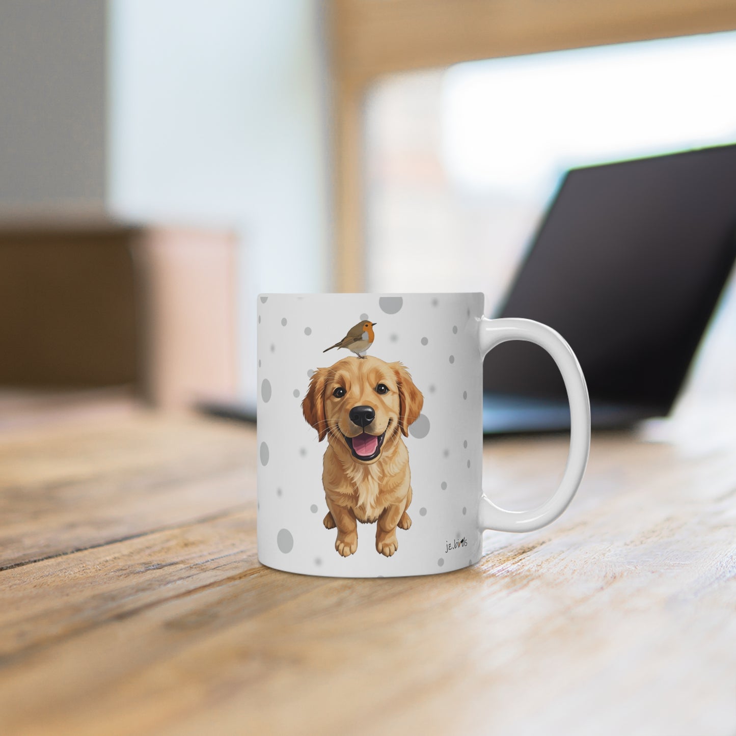 Golden Retriever Tasse mit Rotkehlchen Hund mit Vogel Weiß Grau