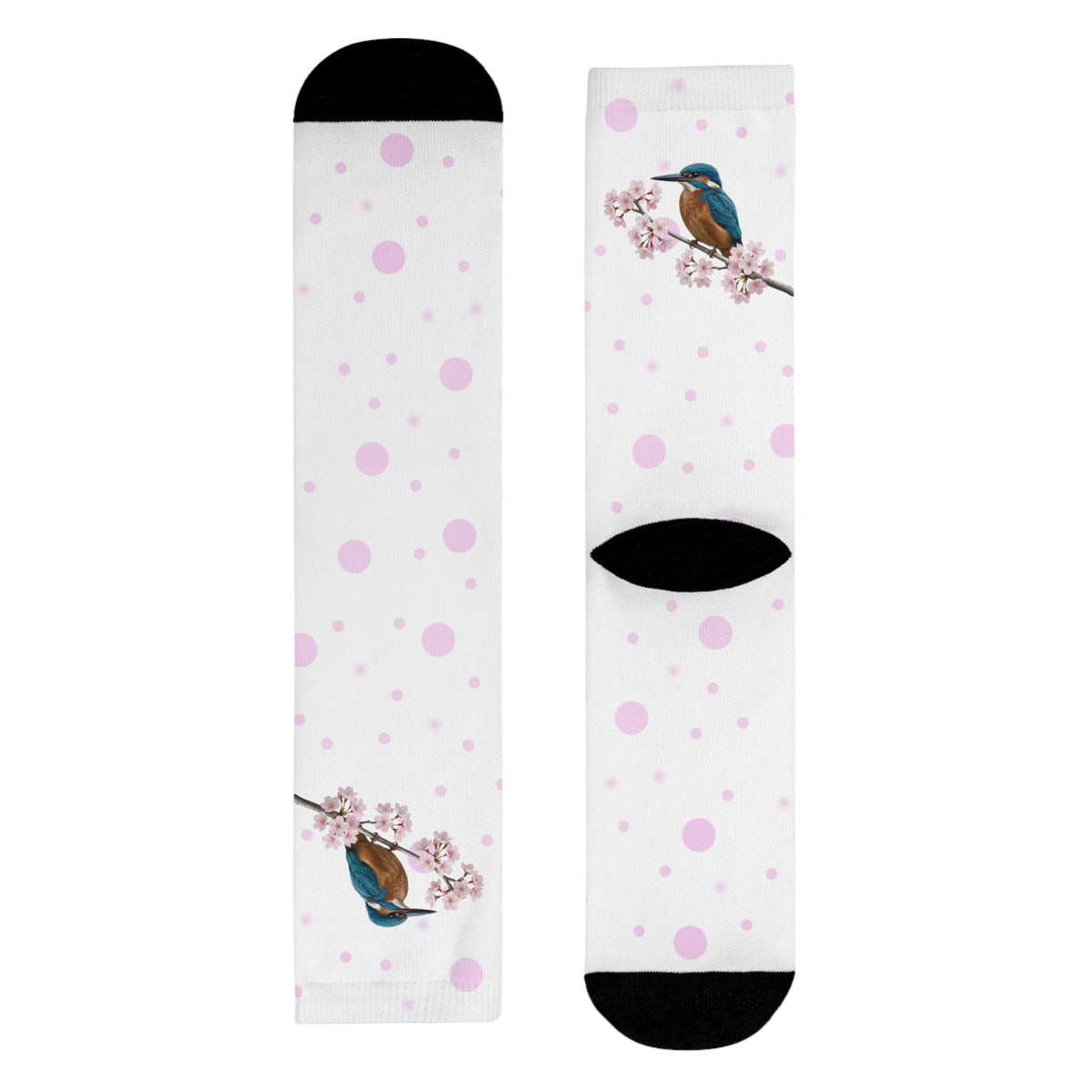 Eisvogel Socken – mit Kirschblüten | Weiß Rosa gepunktete Vogelmotiv Strümpfe