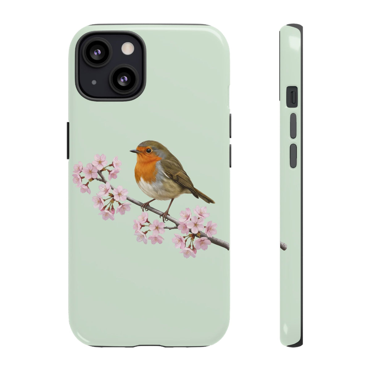 Rotkehlchen Handyhülle in Salbeigrün | Florales Kirschblüten Vogel-Motiv für iPhone & Google Pixel – animal lover,