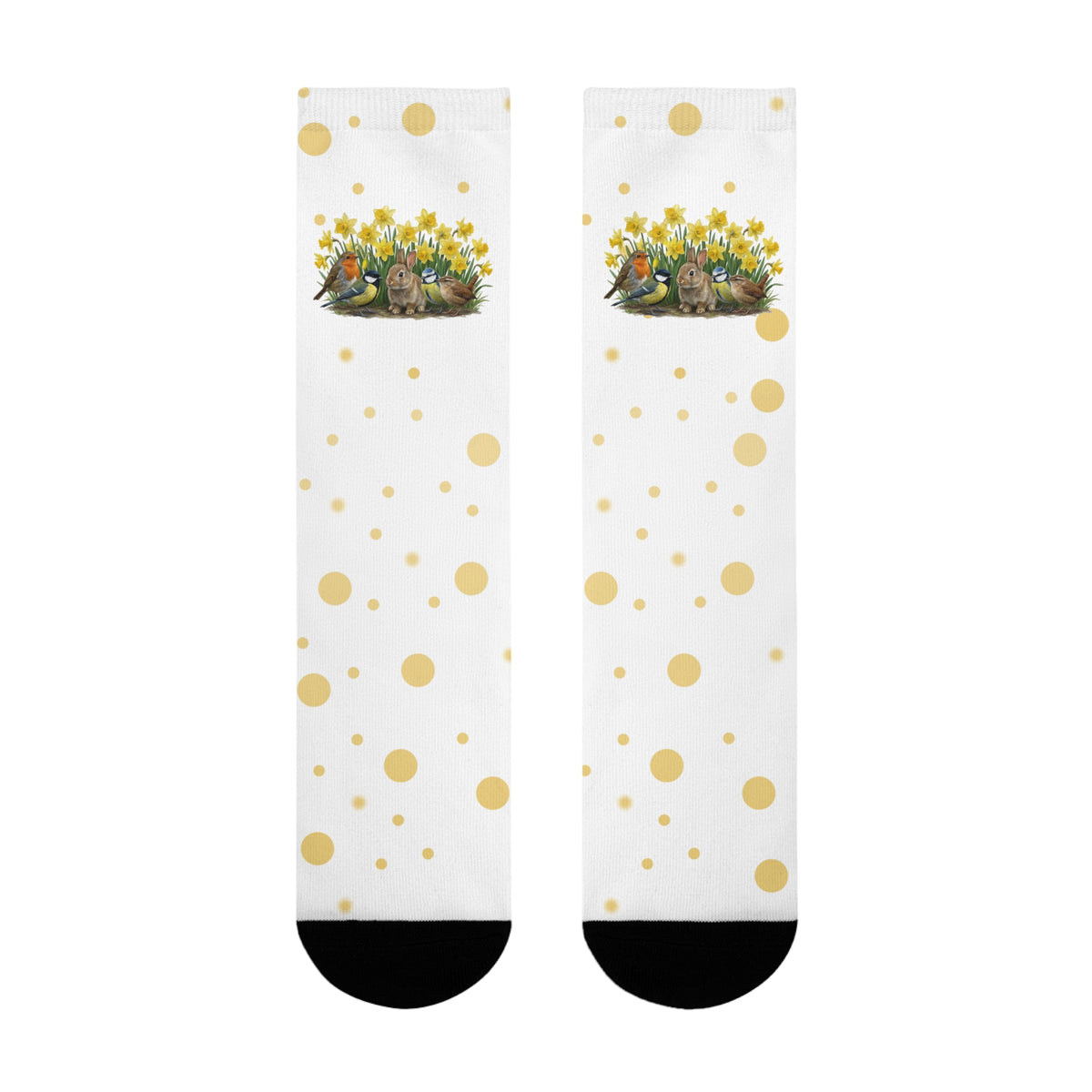 Vogel-Socken mit Osterglocken – Kaninchen, Rotkehlchen, Meisen & Zaunkönig – Accessories, Socken