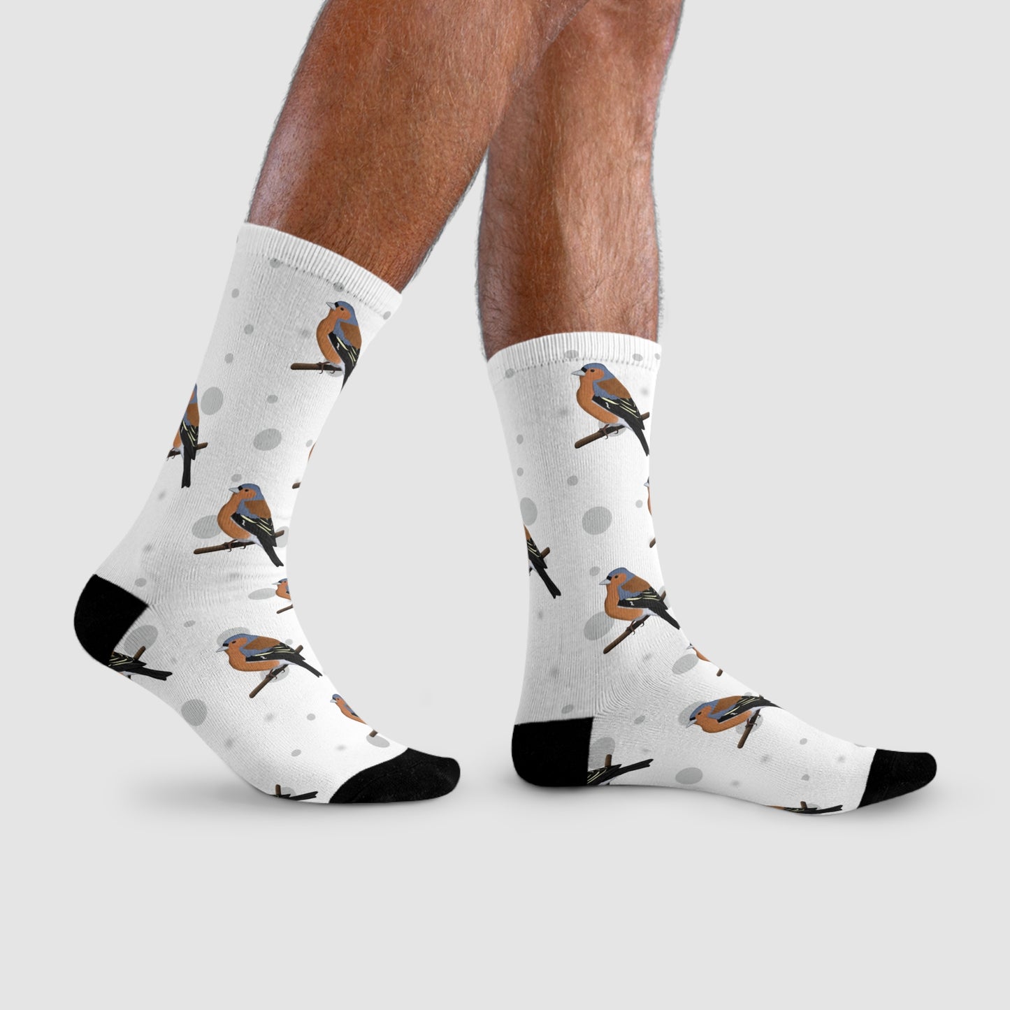 Buchfink Socken Vogelsocken Weiß mit Grauen Punkten