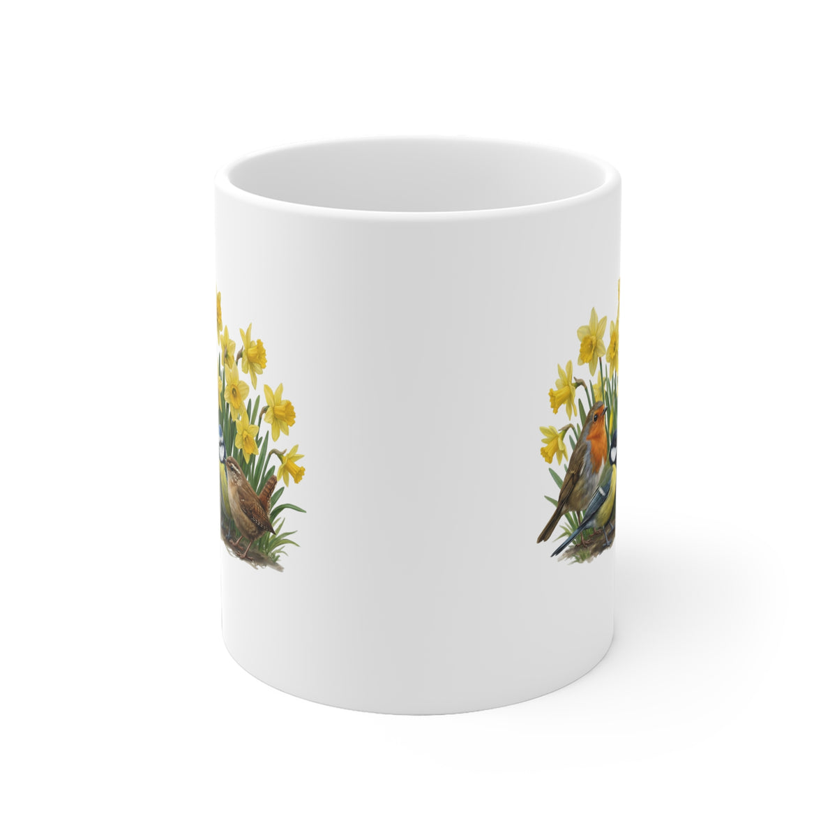 Rotkehlchen, Zaunkönig und Meise Tasse – Kaninchen Meisen mit Osterglocken - Oster-Geschenk für Vogelfreunde
