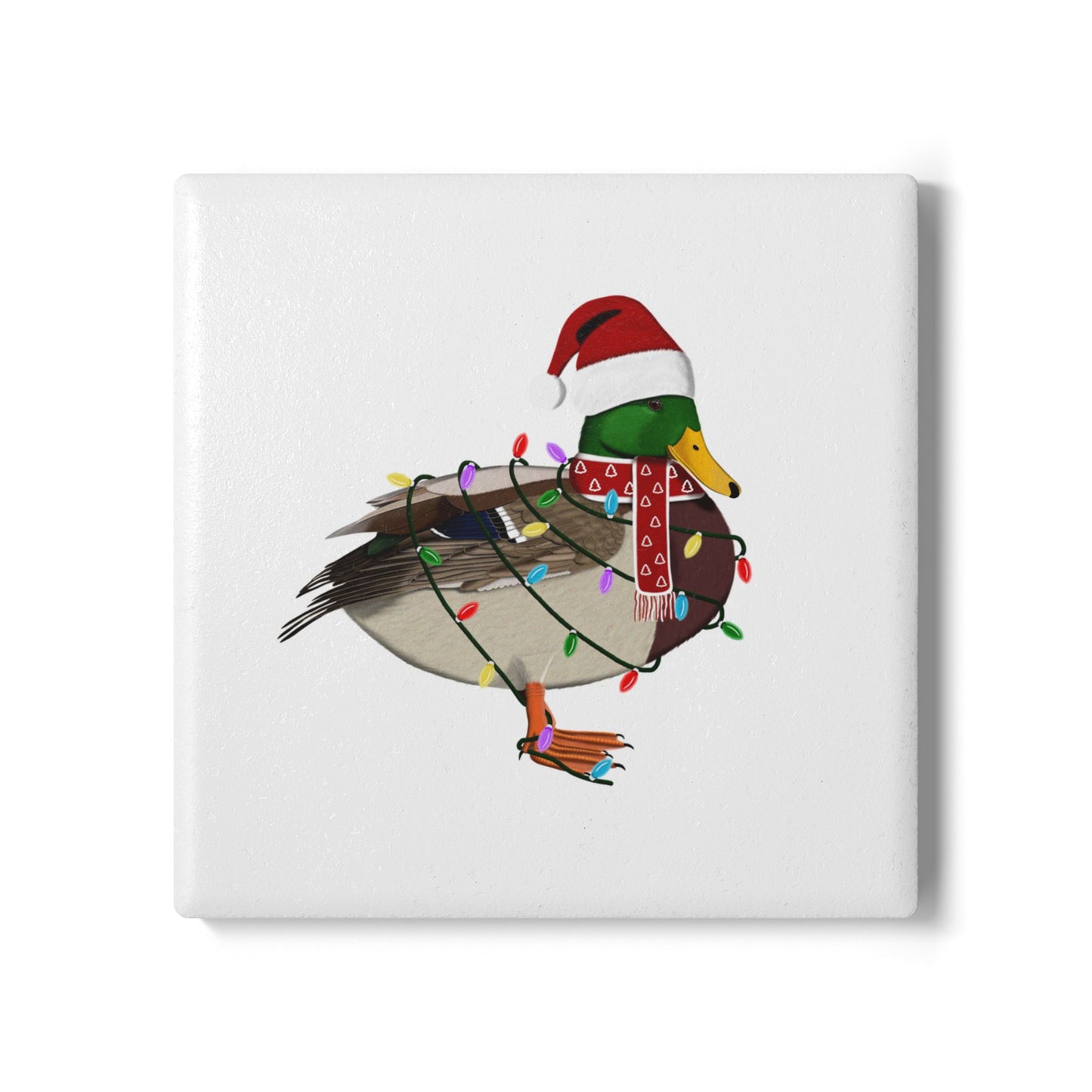 Keramik-Untersetzer Ente als Weihnachtsmann mit Lichterkette Weihnachtliches Vogel-Motiv
