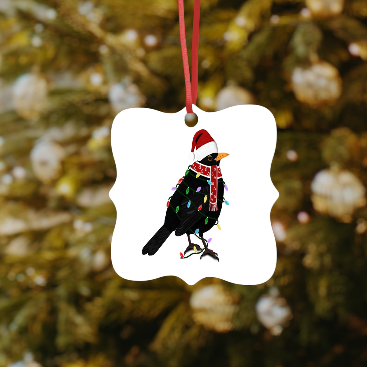 Amsel Ornament aus Aluminium – Einzigartiger Christbaumschmuck mit Rotem Band