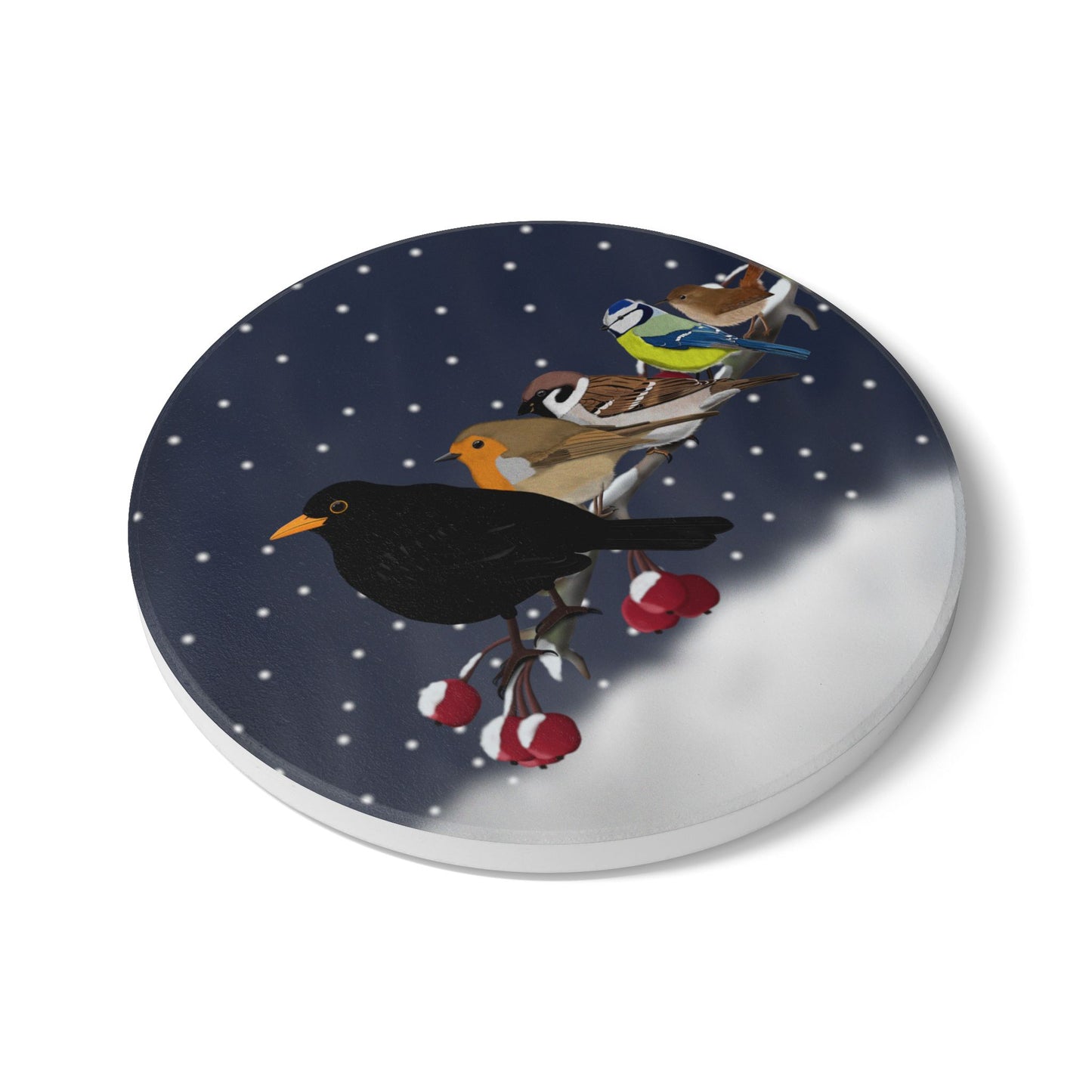 Amsel Rotkehlchen Blaumeise Keramik-Untersetzer: Weihnachtliches Vogel-Motiv