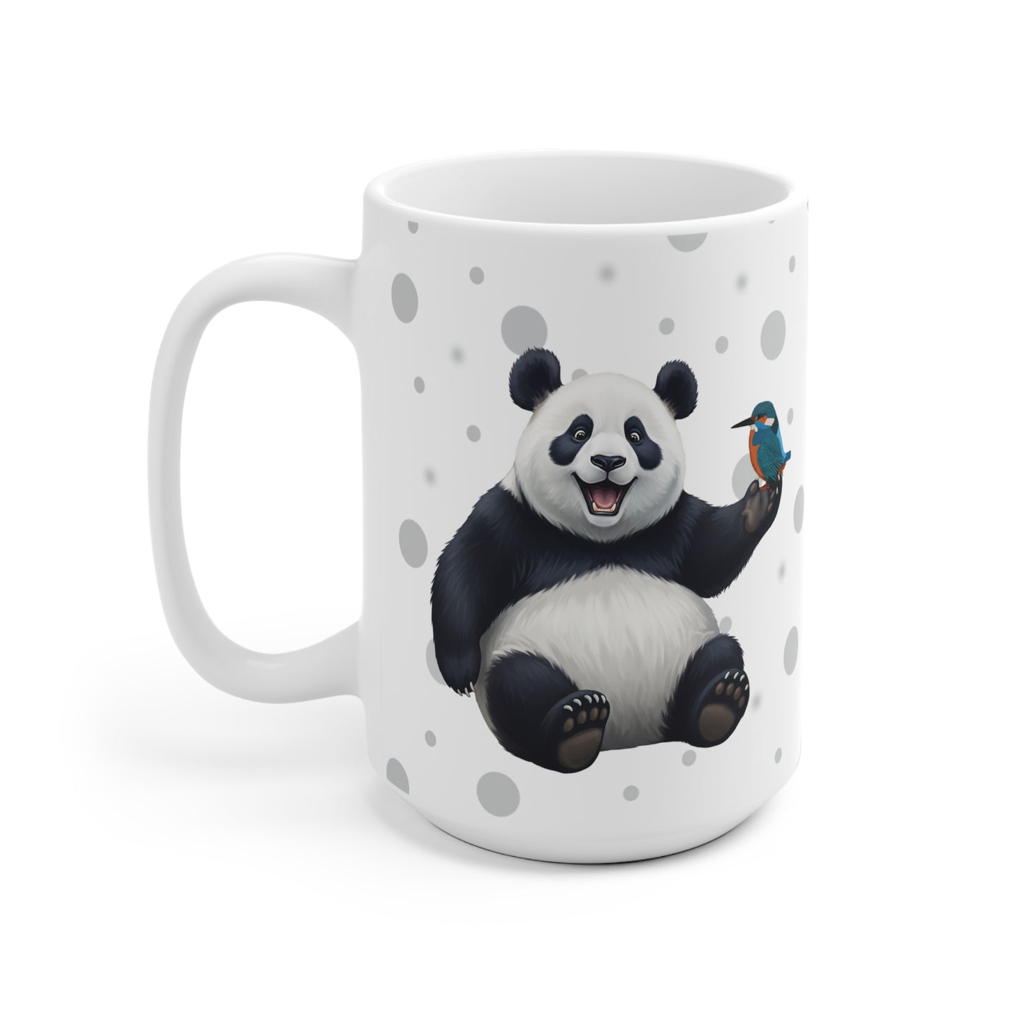 Eisvogel mit einem fröhlichen Panda Vogel Tiermotiv Tasse Punkte Grau