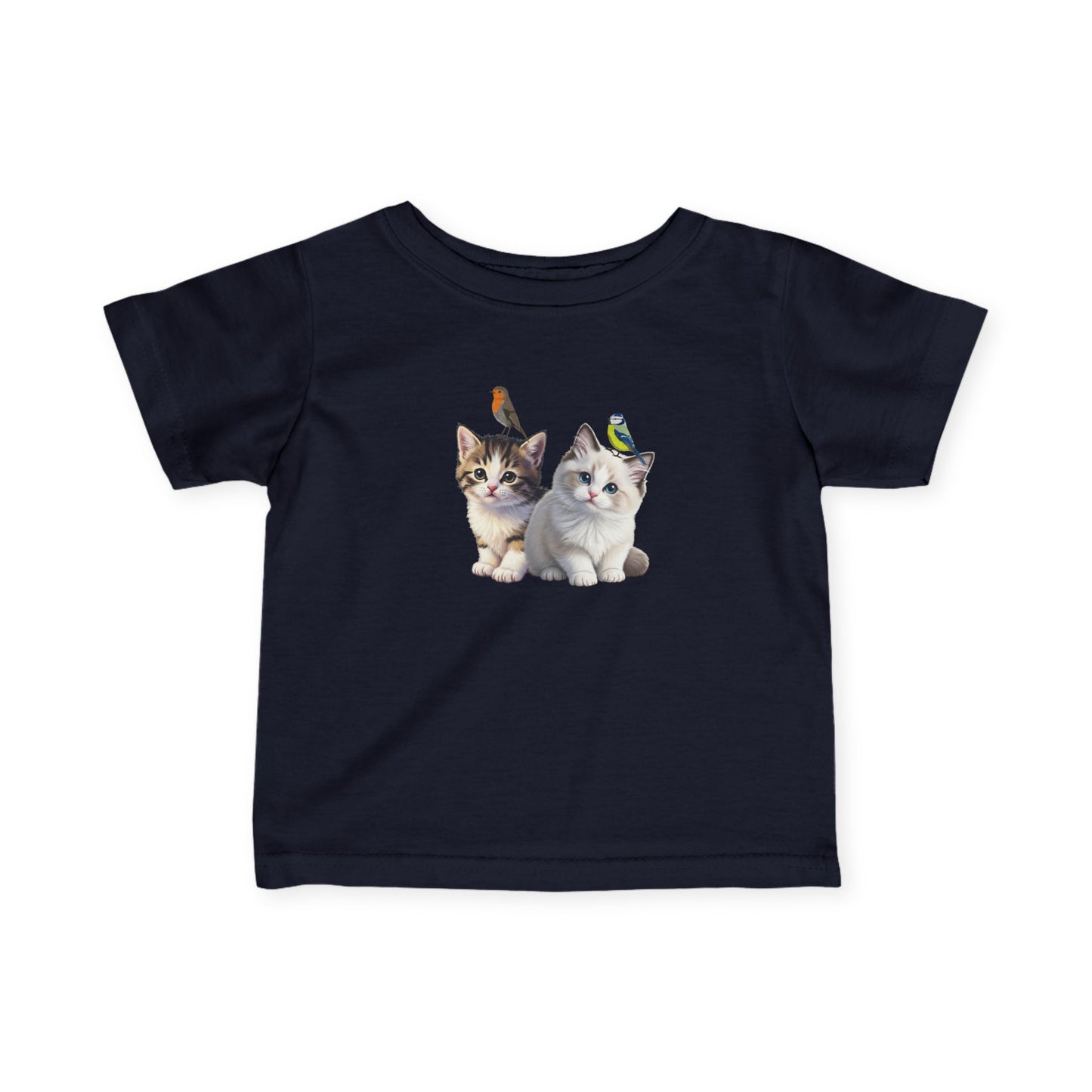 Süßes Kätzchen Tiermotiv Baby T-Shirt mit Rotkehlchen und Blaumeise