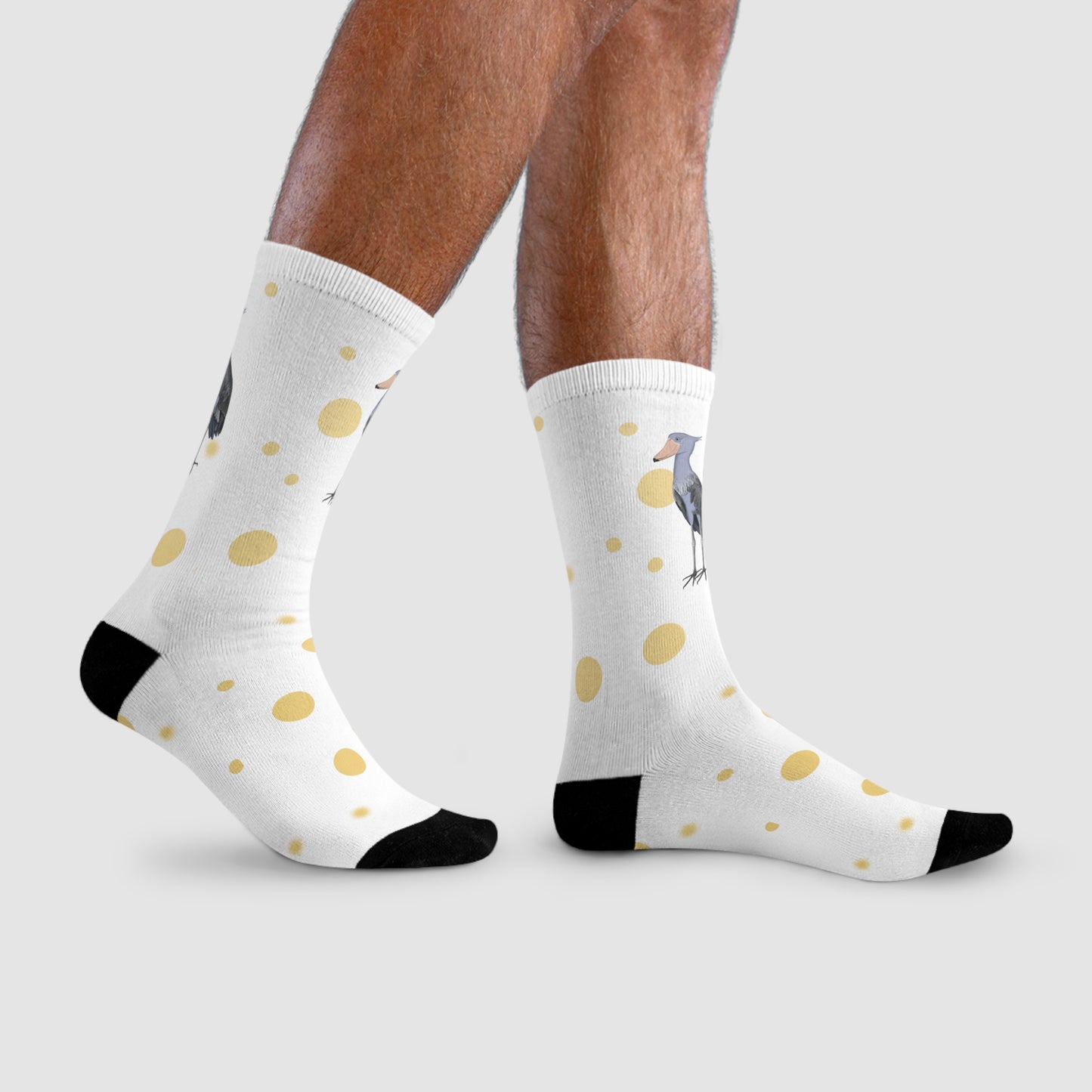 Schuhschnabel Vogel Socken mit Goldenen Punkten für Vogelfreunde & Vogelbeobachter Weiß