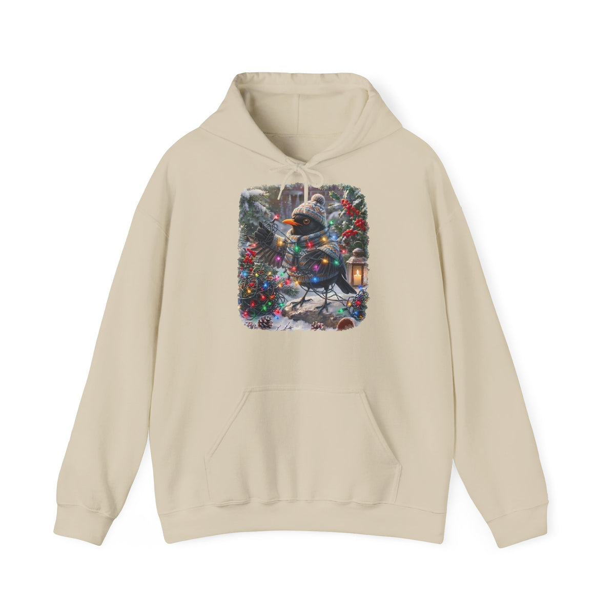 Premium Hoodie Amsel und die Lichterkette im winterlichen Garten für Vogelbeobachter