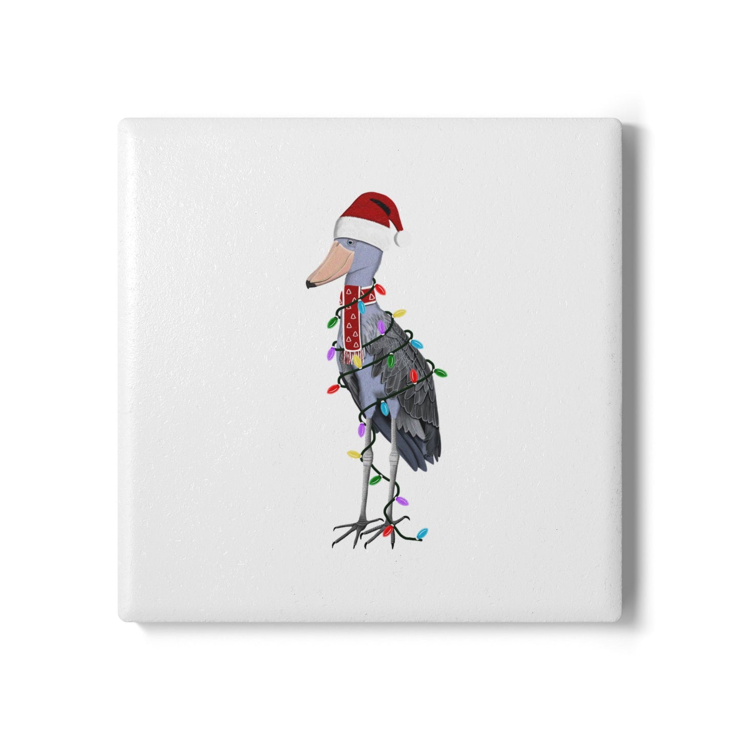 Keramik-Untersetzer Schuhschnabel als Weihnachtsmann mit Lichterkette Weihnachtliches Vogel-Motiv