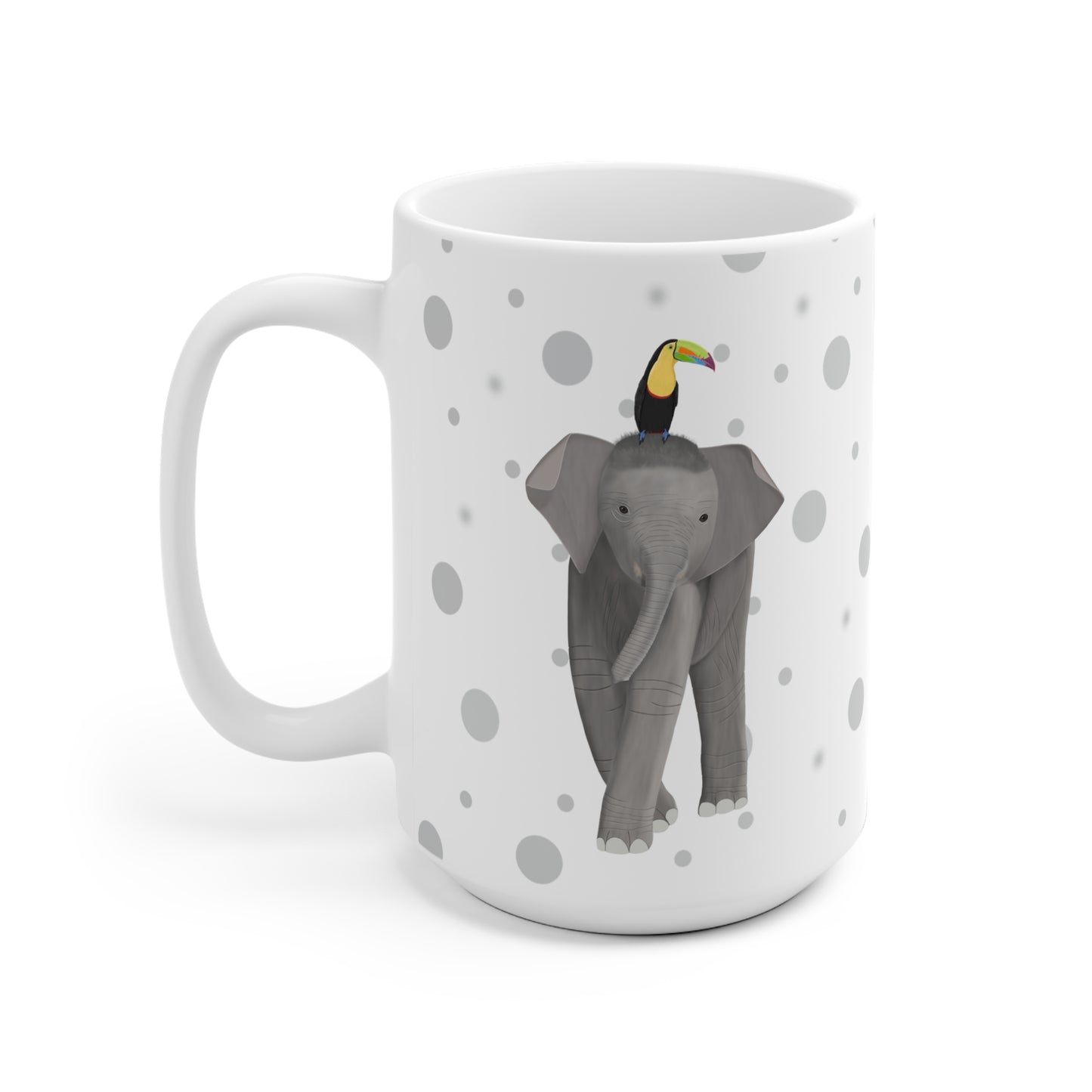 Tukan auf einem Elefanten Vogel Tasse Punkte Grau