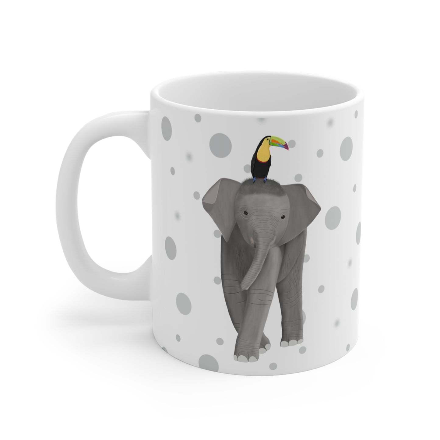 Tukan auf einem Elefanten Vogel Tasse Punkte Grau