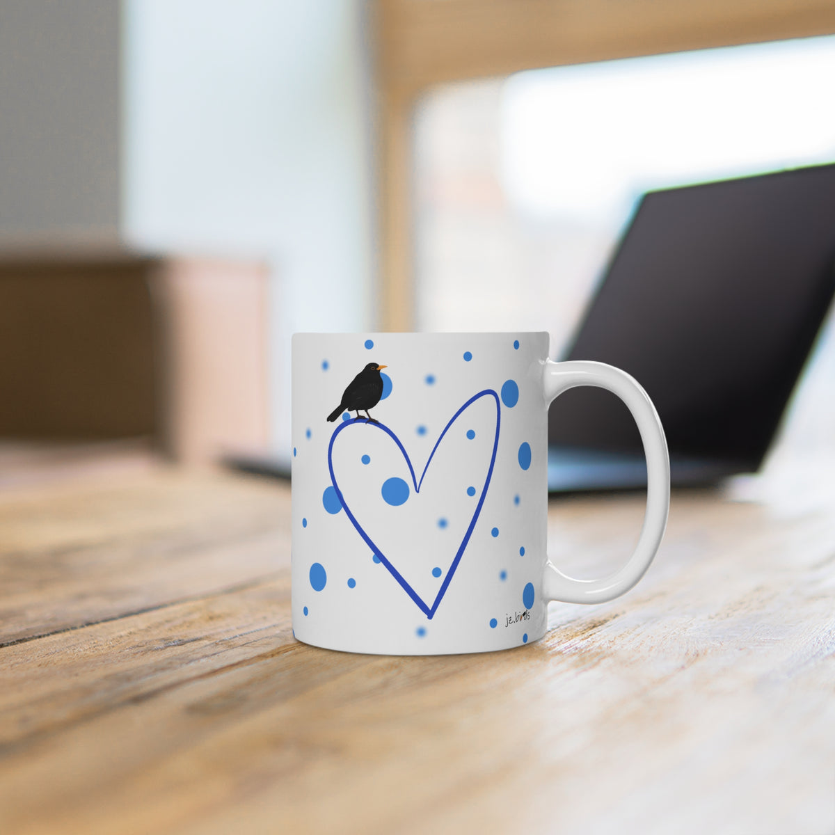 Amsel mit Herz Valentinstag Vogel Tasse Punkte Blau – 11 oz,