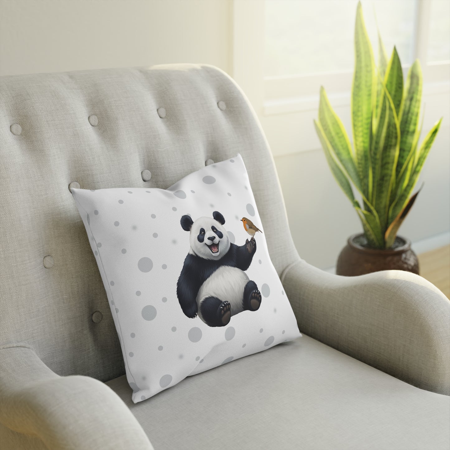 Rotkehlchen mit Panda Vogel Tiermotiv Kissen – Dekokissen mit Vogelmotiv Weiß mit grauen Punkten
