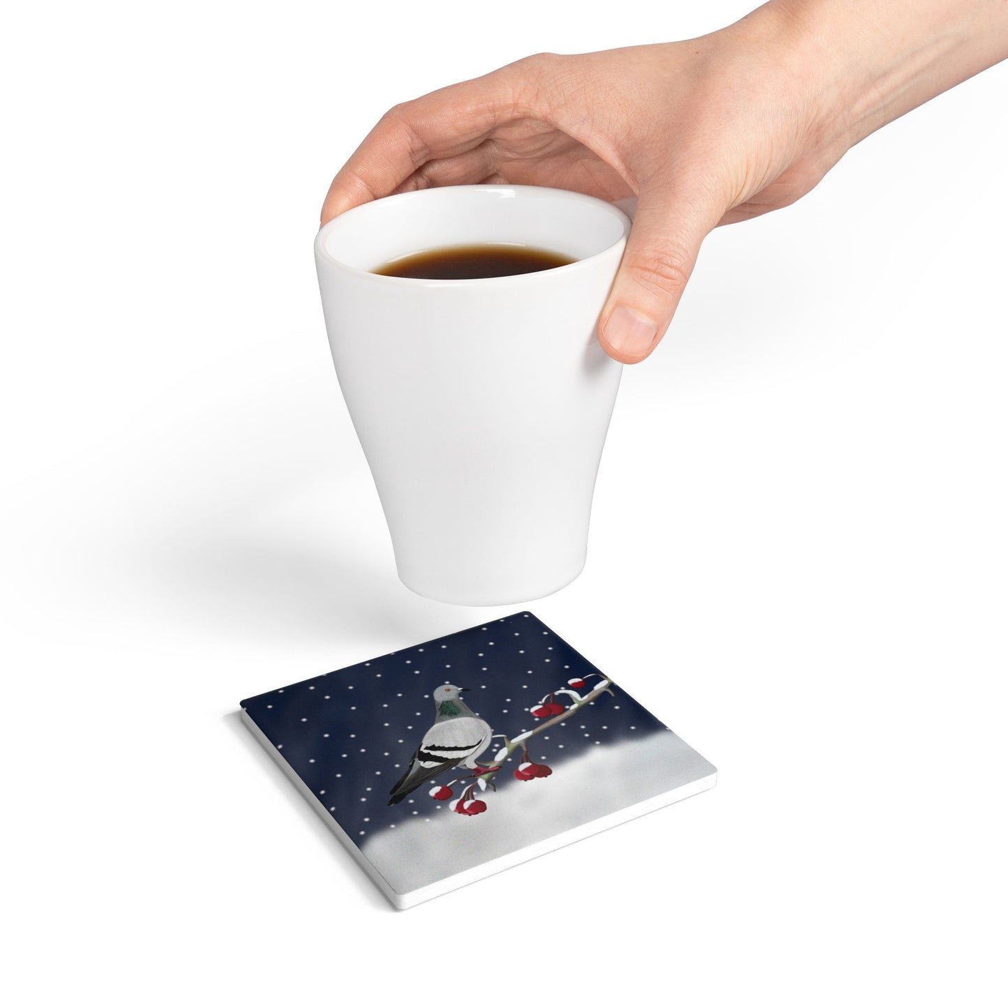 Taube im Schnee Keramik-Untersetzer: Weihnachtliches Vogel-Motiv