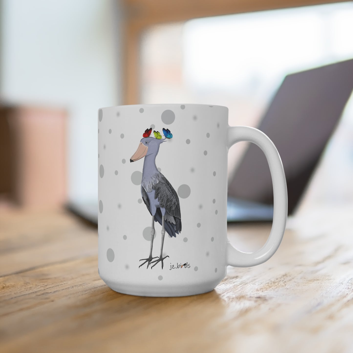 Schuhschnabel mit Schmetterlingen Vogel Tasse Punkte Grau