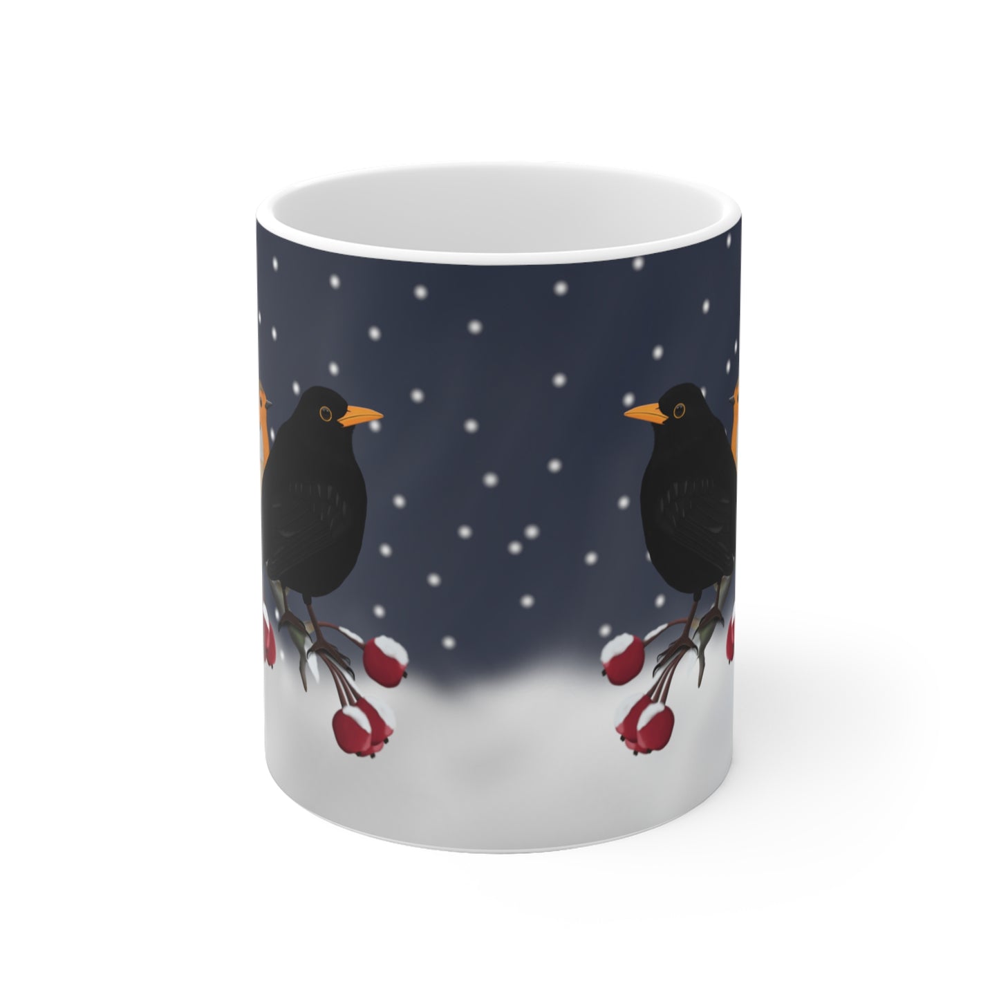 Rotkehlchen, Blaumeise und Amsel Tasse – auf einem Ast im Winter Weihnachten Schnee Vogel