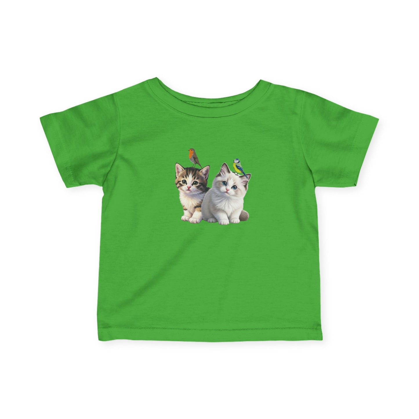 Süßes Kätzchen Tiermotiv Baby T-Shirt mit Rotkehlchen und Blaumeise