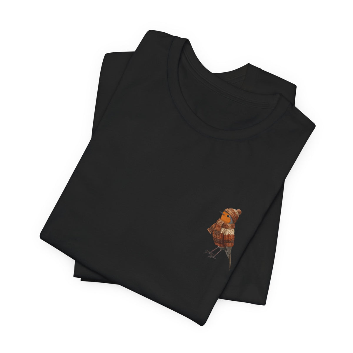 Rotkehlchen in Strick T-Shirt – Weiches Premium Shirt mit Winterlichem Vogelmotiv