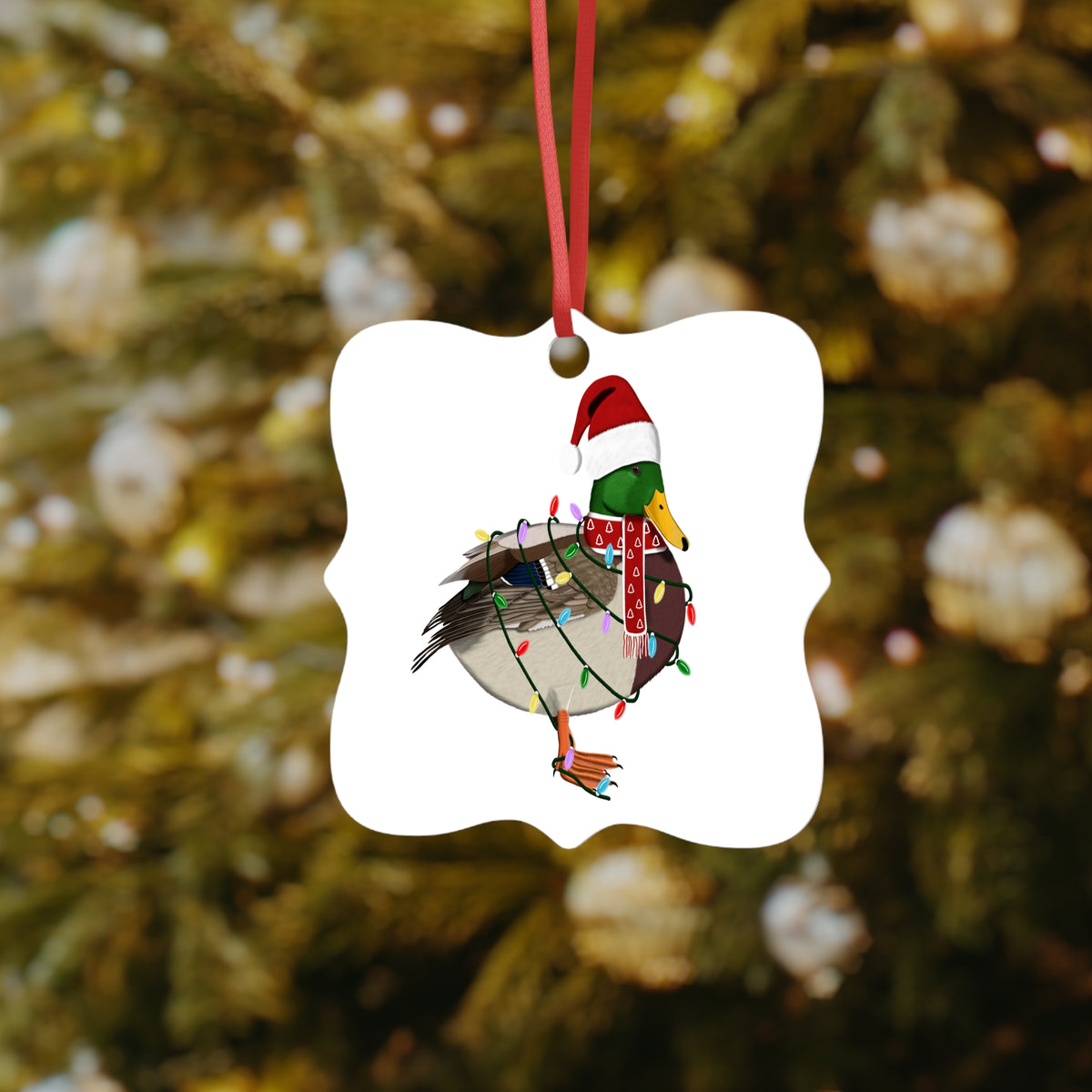 Ente Ornament aus Aluminium – Einzigartiger Christbaumschmuck mit Rotem Band