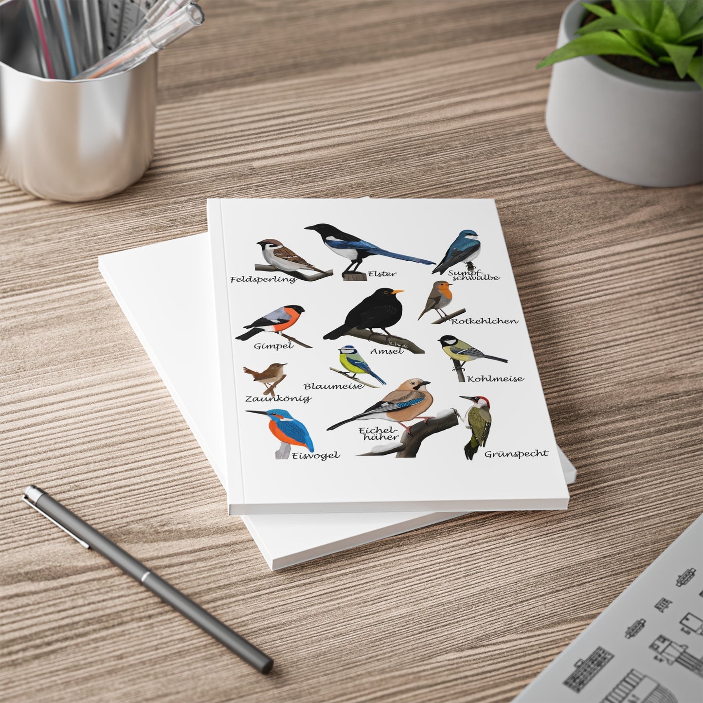 Gartenvögel Amsel Rotkehlchen Blaumeise Zaunkönig A5 Vogel Softcover Notizbuch 150 Seiten Liniert