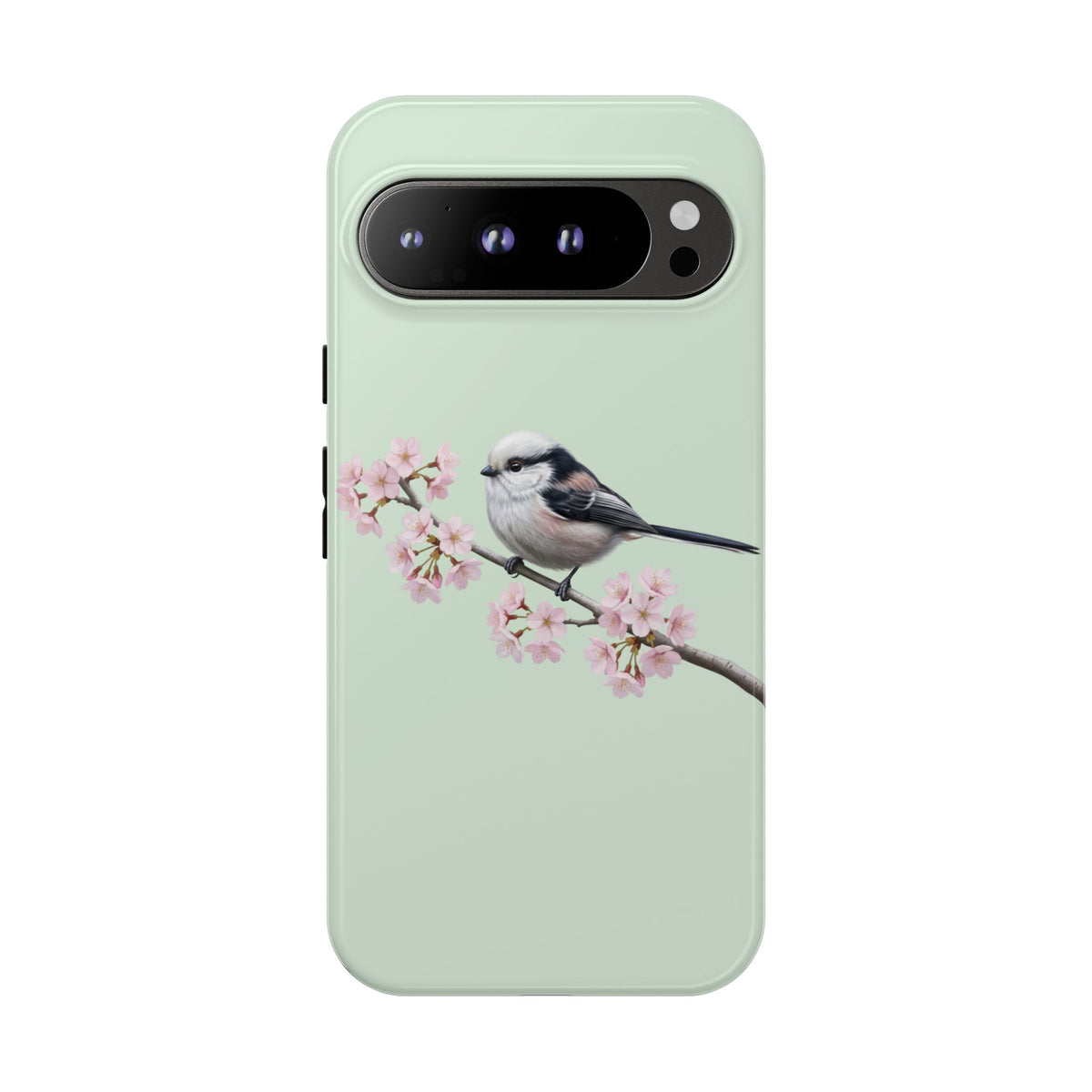 Schwanzmeise Handyhülle in Salbeigrün | Florales Kirschblüten Vogel-Motiv für iPhone & Google Pixel
