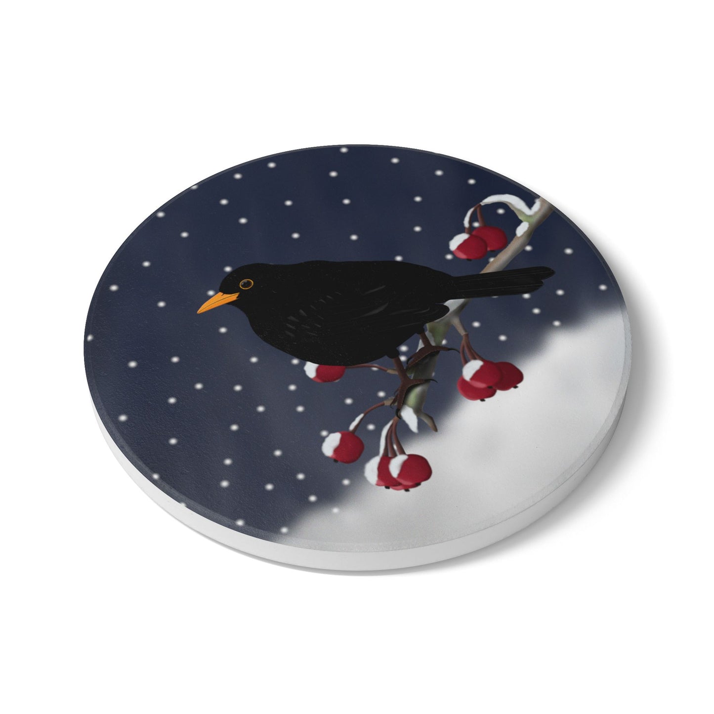 Amsel im Schnee Keramik-Untersetzer: Weihnachtliches Vogel-Motiv