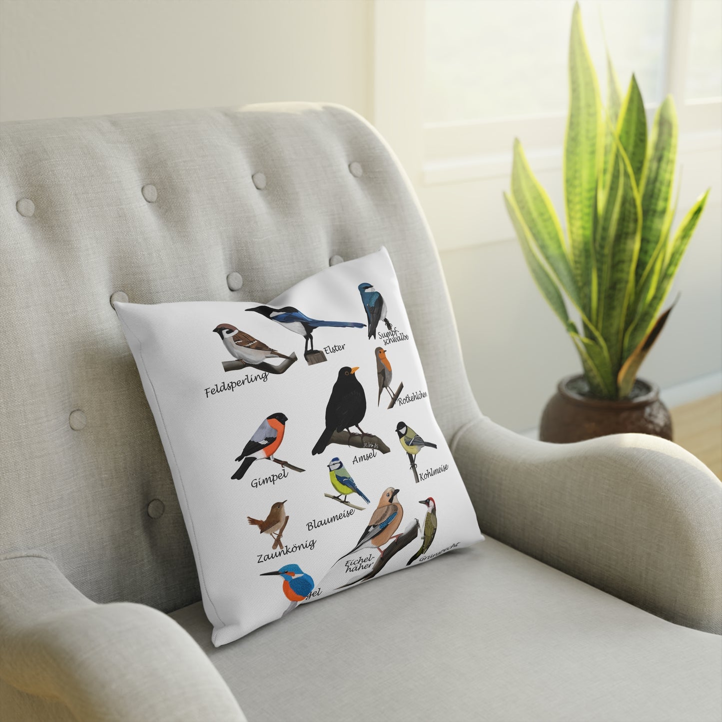 Gartenvögel Vogel Kissen – Dekokissen mit Amsel Rotkehlchen Blaumeise Zaunkönig Vogelmotiv für Vogelliebhaber und Vogelbeobachter