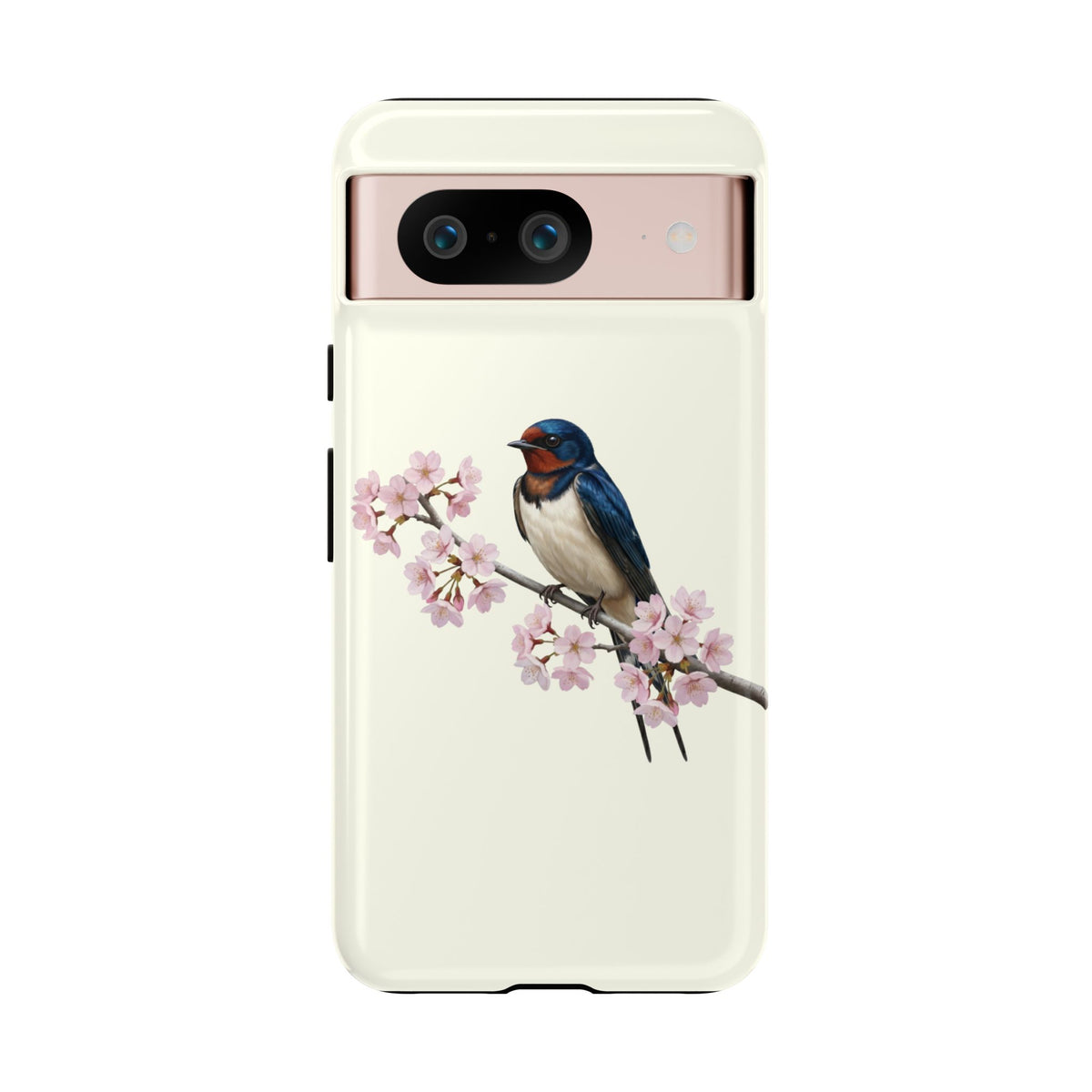 Rauchschwalbe Handyhülle in Cremeweiß | Florales Kirschblüten Vogel-Motiv für iPhone & Google Pixel
