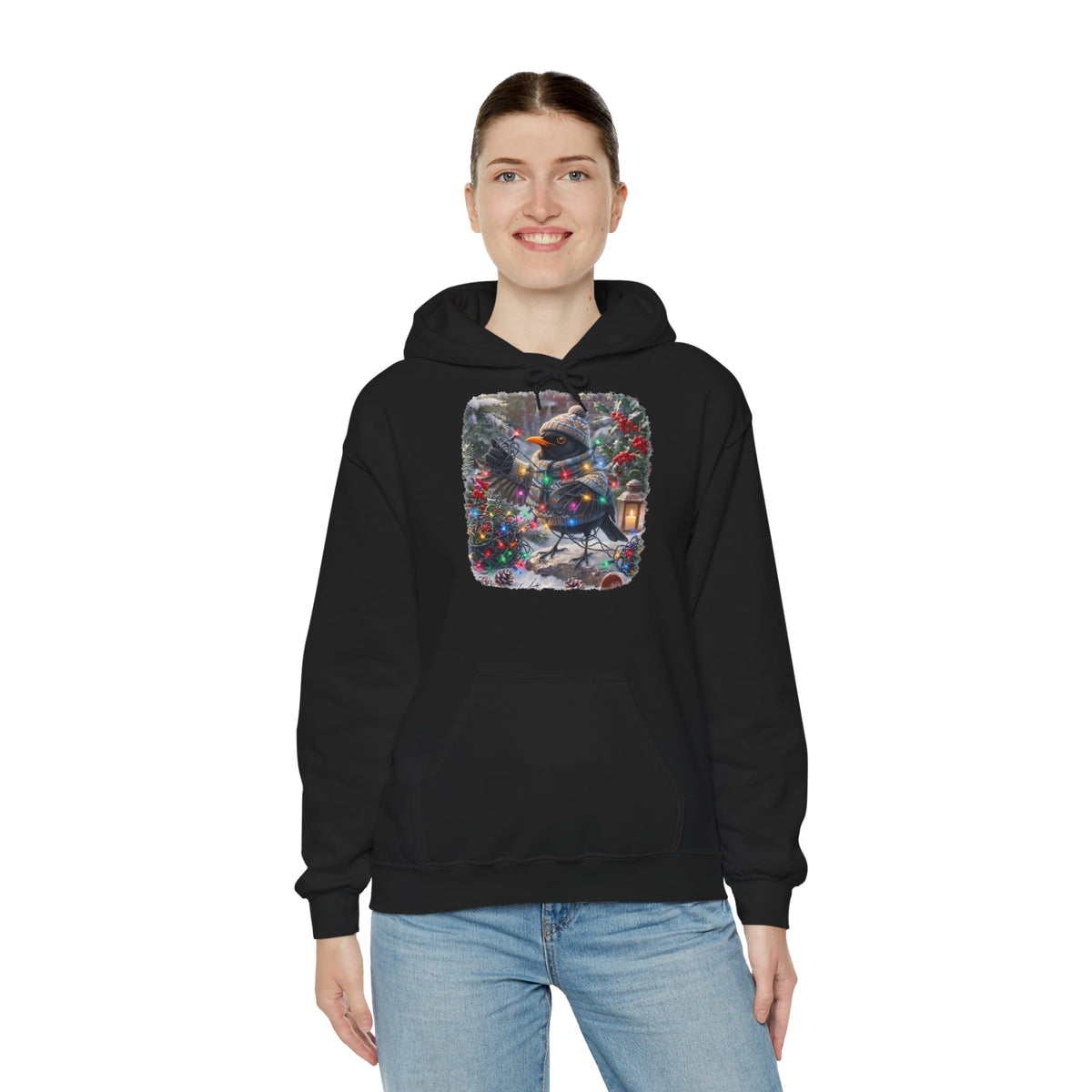 Premium Hoodie Amsel und die Lichterkette im winterlichen Garten für Vogelbeobachter