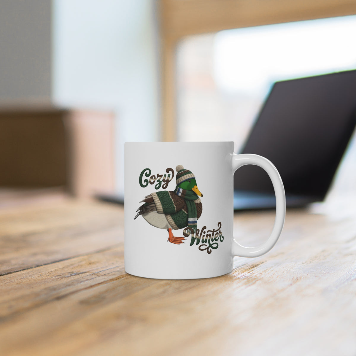 Ente mit Strickpullover Weihnachtliche Tasse Vogelmotiv Cozy Winter – Ideal für Kakao & Kaffee – 11 oz,