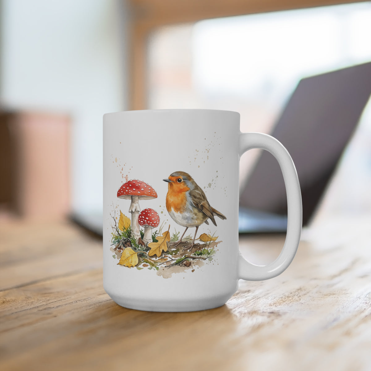 Rotkehlchen Herbst-Tasse – Gemütlicher Kaffeebecher mit Laub & Fliegenpilzen
